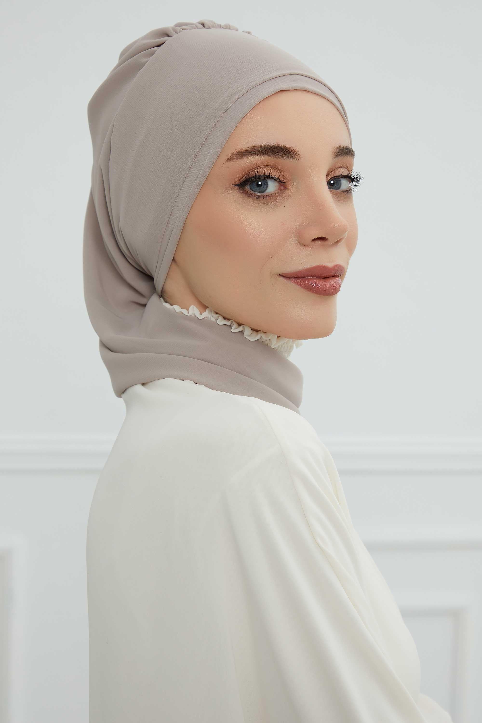 Elegant Chiffon Instant Turban with Sparkle Brooch, Pre-Tied Modest Headwrap for Women, Stylish Hijab Cap with Side Ruffle,HT-106 Mink