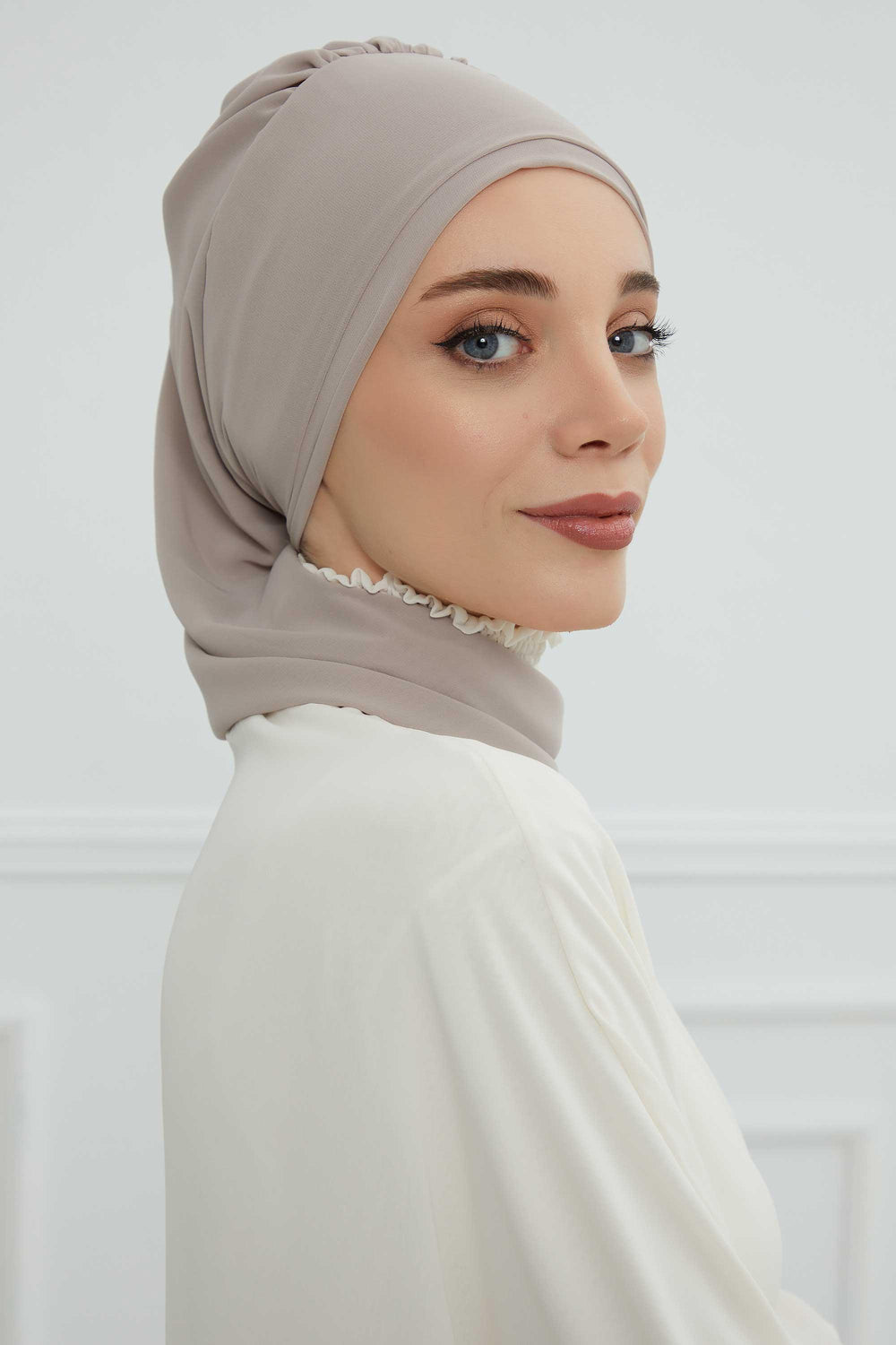 Elegant Chiffon Instant Turban with Sparkle Brooch, Pre-Tied Modest Headwrap for Women, Stylish Hijab Cap with Side Ruffle,HT-106 Mink
