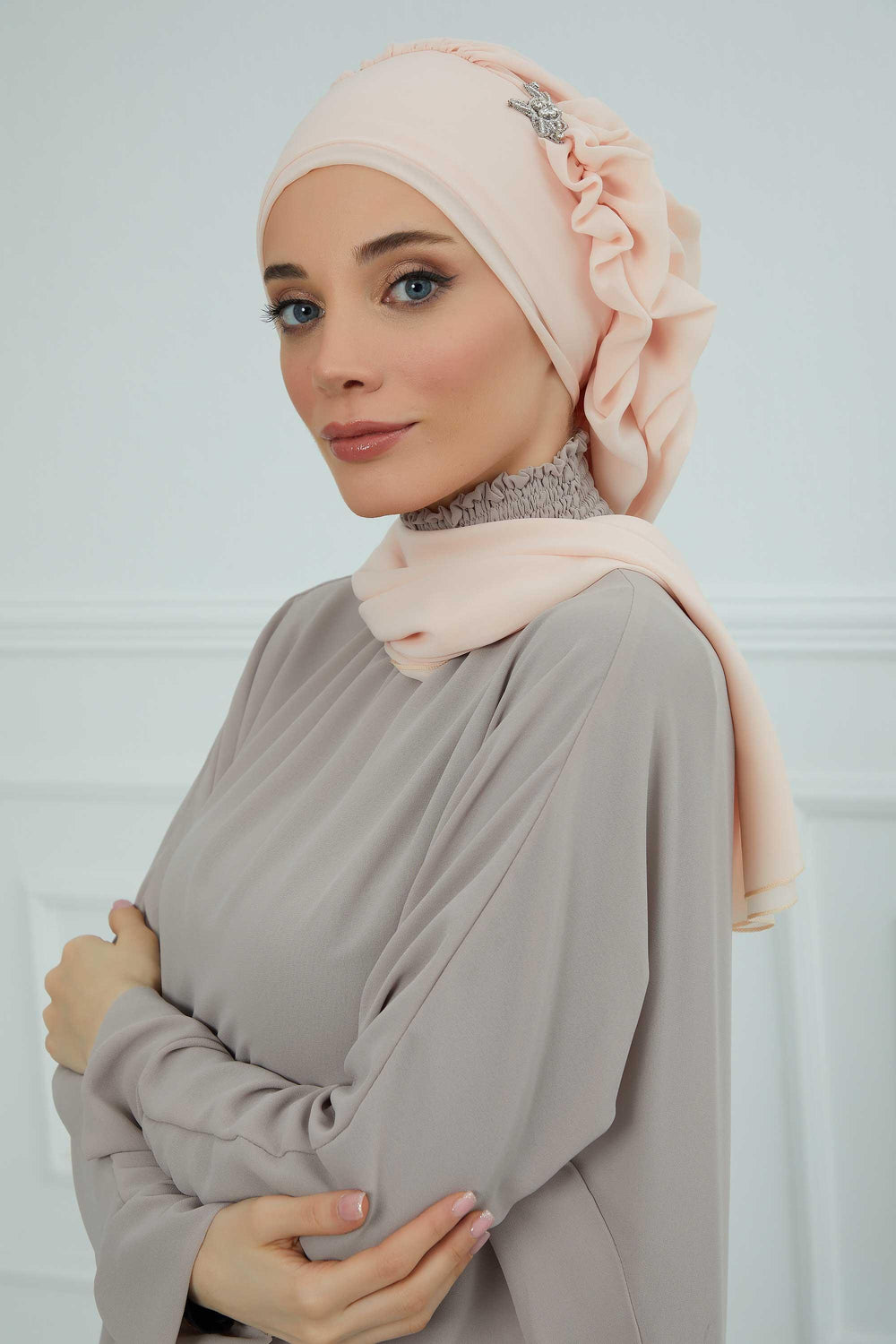 Elegant Chiffon Instant Turban with Sparkle Brooch, Pre-Tied Modest Headwrap for Women, Stylish Hijab Cap with Side Ruffle,HT-106 Beige