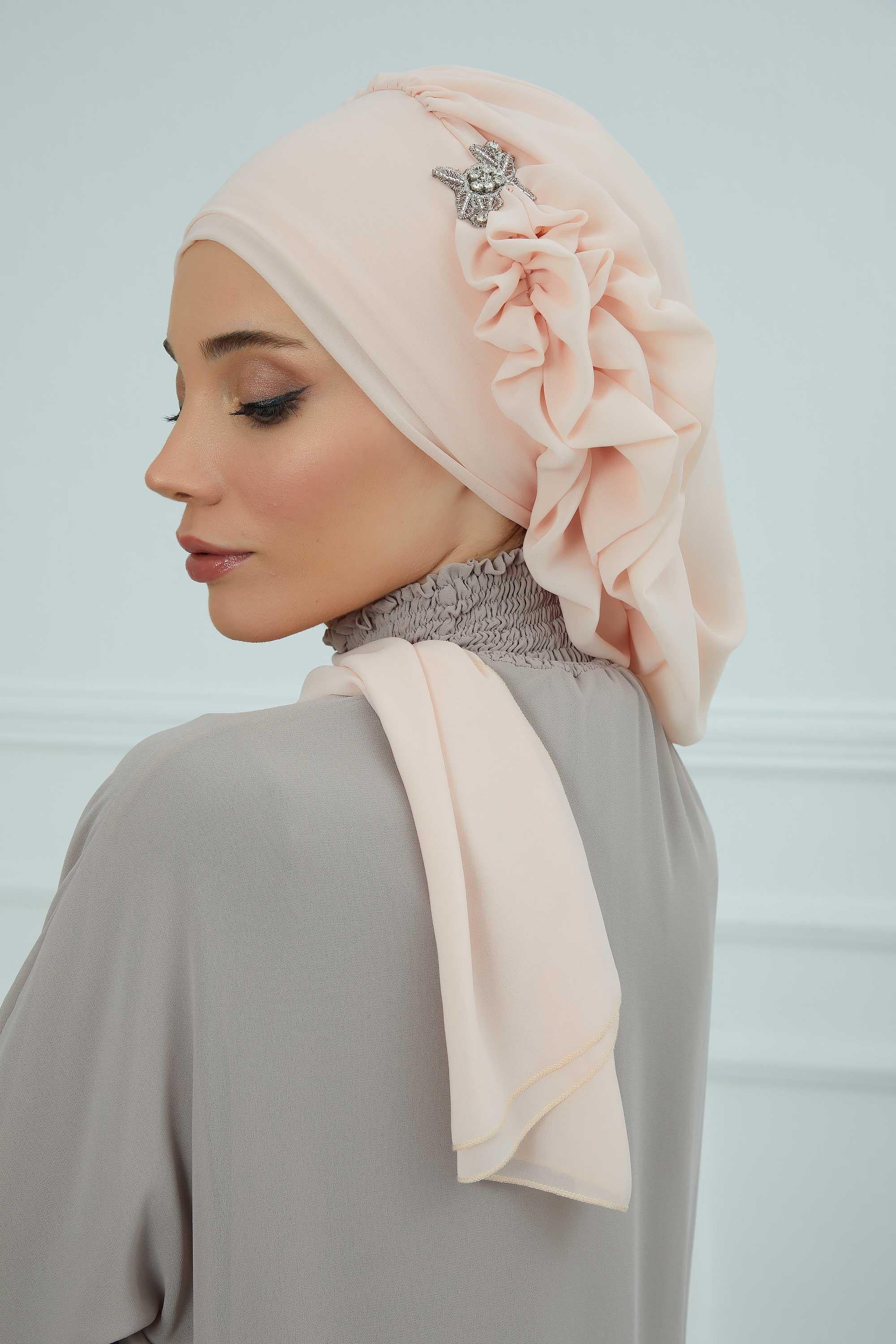 Elegant Chiffon Instant Turban with Sparkle Brooch, Pre-Tied Modest Headwrap for Women, Stylish Hijab Cap with Side Ruffle,HT-106 Beige