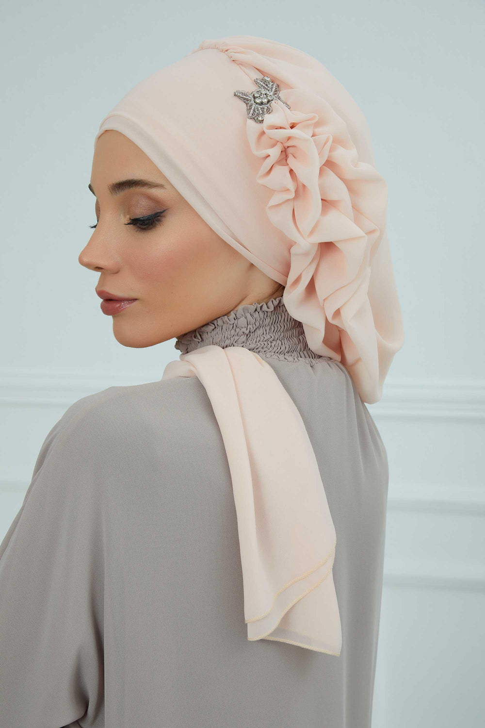 Elegant Chiffon Instant Turban with Sparkle Brooch, Pre-Tied Modest Headwrap for Women, Stylish Hijab Cap with Side Ruffle,HT-106 Beige