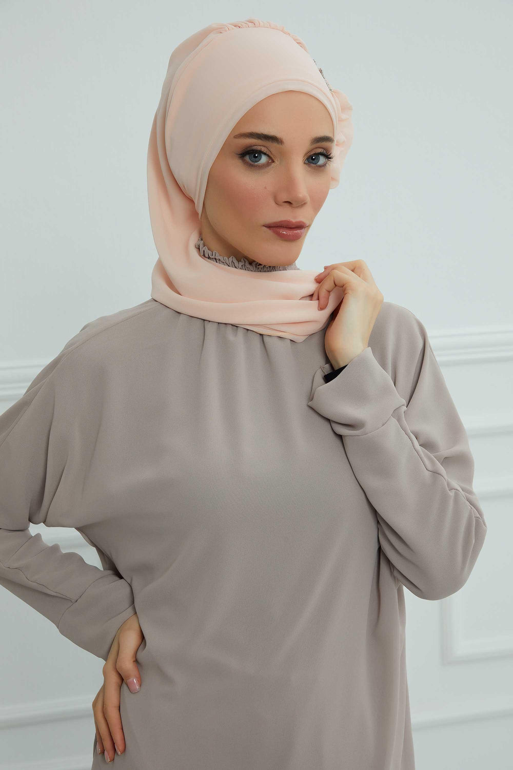 Elegant Chiffon Instant Turban with Sparkle Brooch, Pre-Tied Modest Headwrap for Women, Stylish Hijab Cap with Side Ruffle,HT-106 Beige