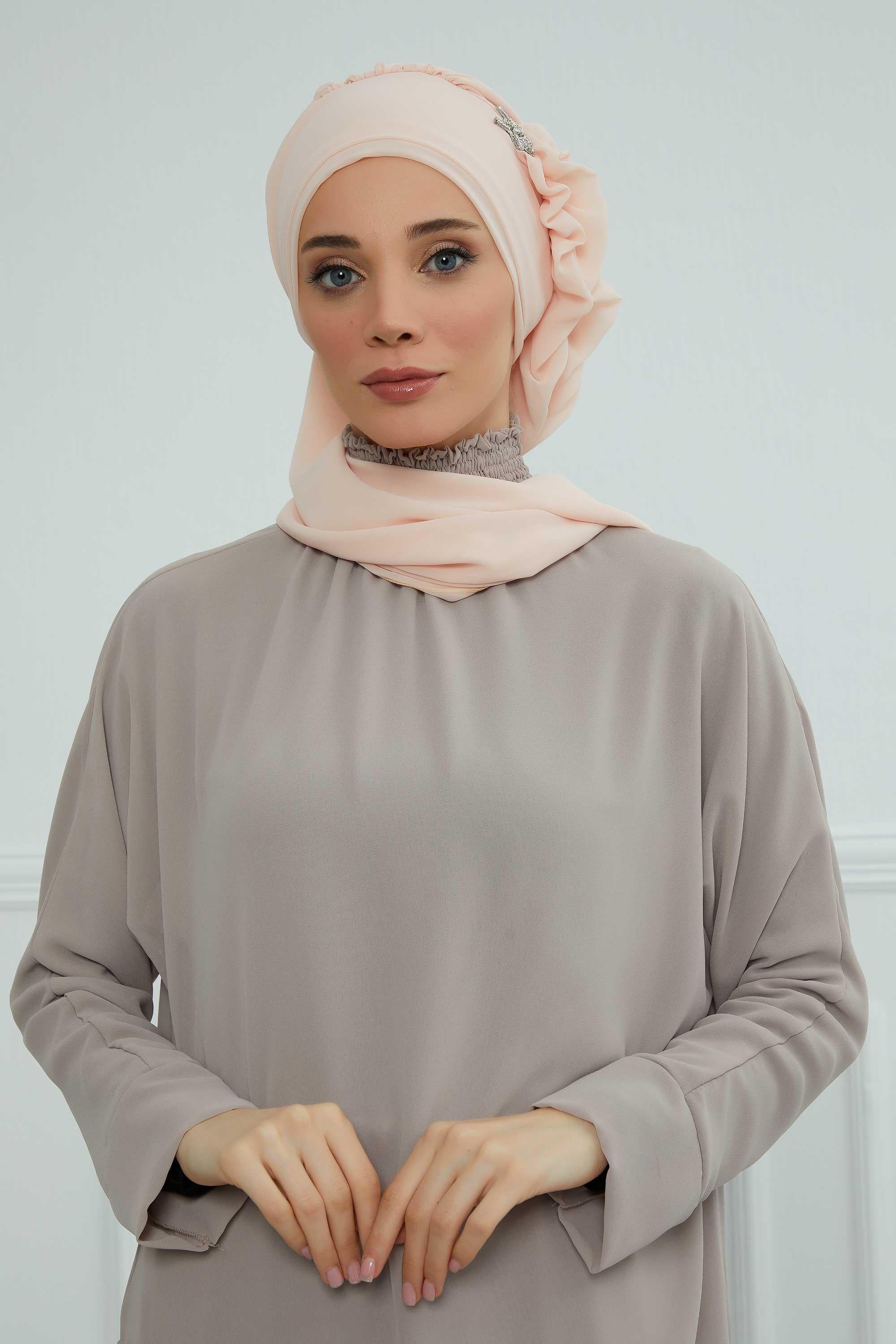 Elegant Chiffon Instant Turban with Sparkle Brooch, Pre-Tied Modest Headwrap for Women, Stylish Hijab Cap with Side Ruffle,HT-106 Beige