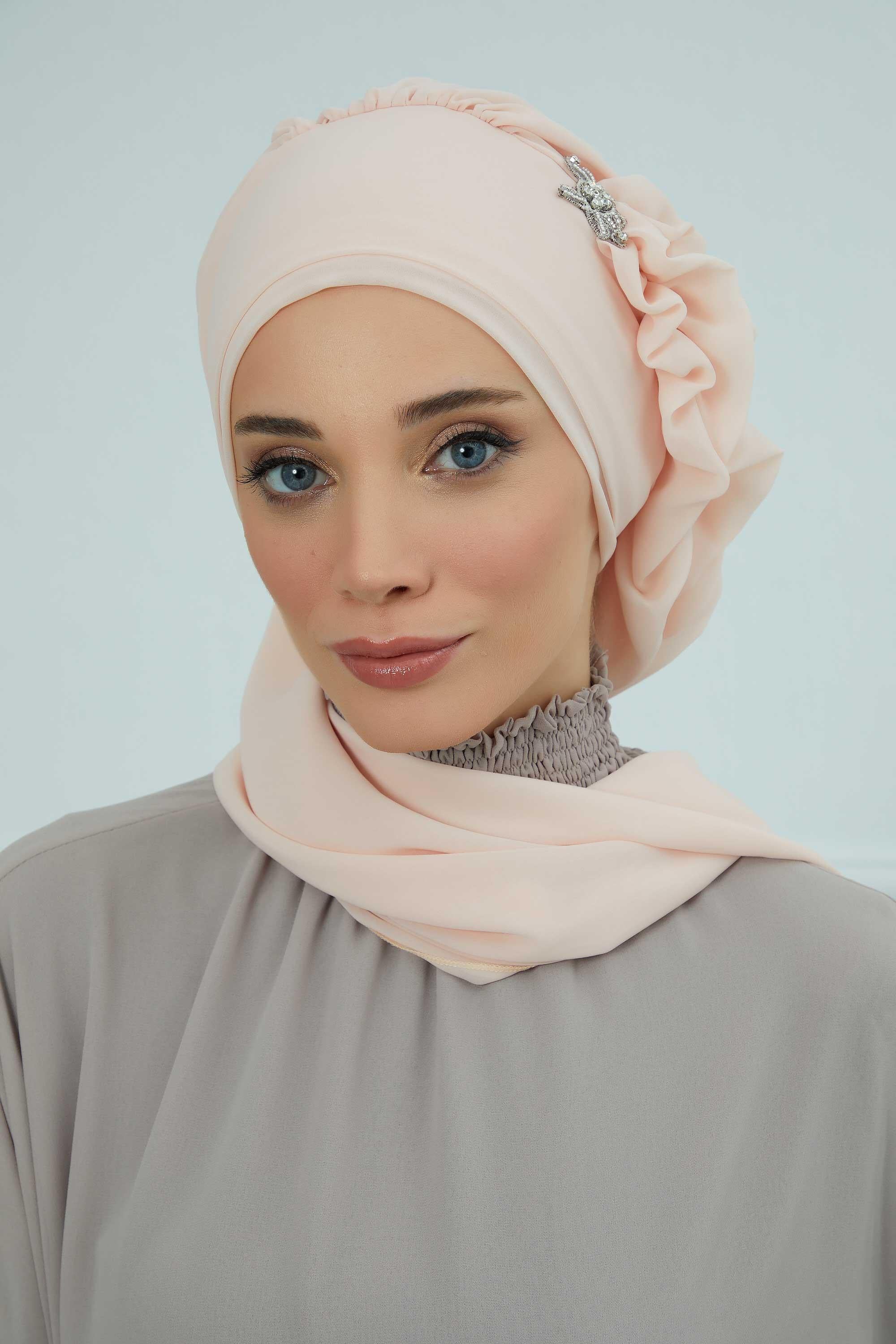 Elegant Chiffon Instant Turban with Sparkle Brooch, Pre-Tied Modest Headwrap for Women, Stylish Hijab Cap with Side Ruffle,HT-106 Beige
