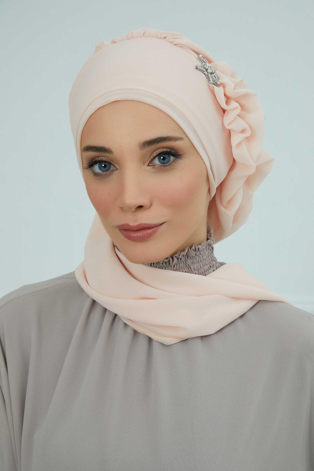 Elegant Chiffon Instant Turban with Sparkle Brooch, Pre-Tied Modest Headwrap for Women, Stylish Hijab Cap with Side Ruffle,HT-106 Beige