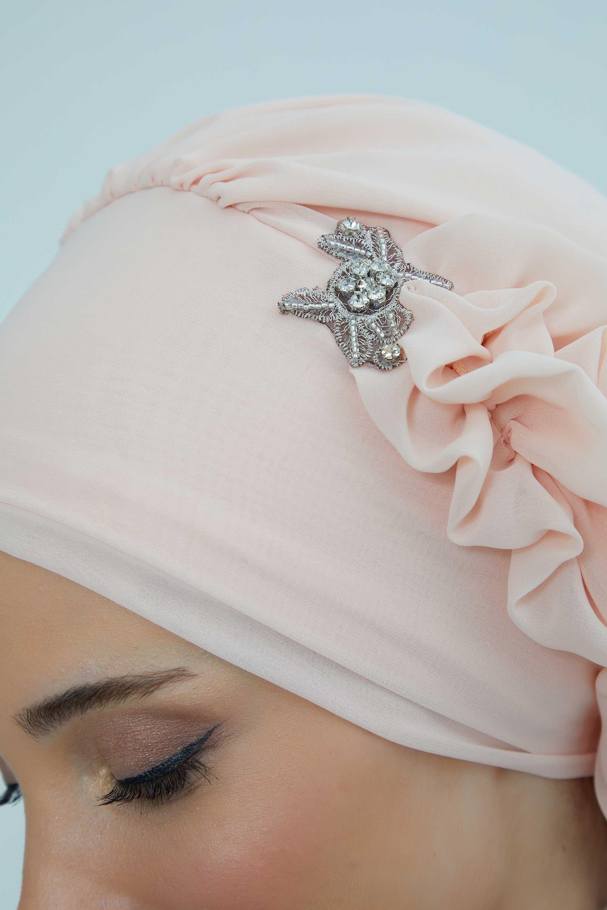 Elegant Chiffon Instant Turban with Sparkle Brooch, Pre-Tied Modest Headwrap for Women, Stylish Hijab Cap with Side Ruffle,HT-106 Beige