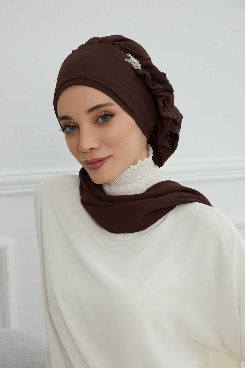 Elegant Chiffon Instant Turban with Sparkle Brooch, Pre-Tied Modest Headwrap for Women, Stylish Hijab Cap with Side Ruffle,HT-106 Brown
