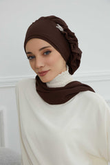 Elegant Chiffon Instant Turban with Sparkle Brooch, Pre-Tied Modest Headwrap for Women, Stylish Hijab Cap with Side Ruffle,HT-106 Brown