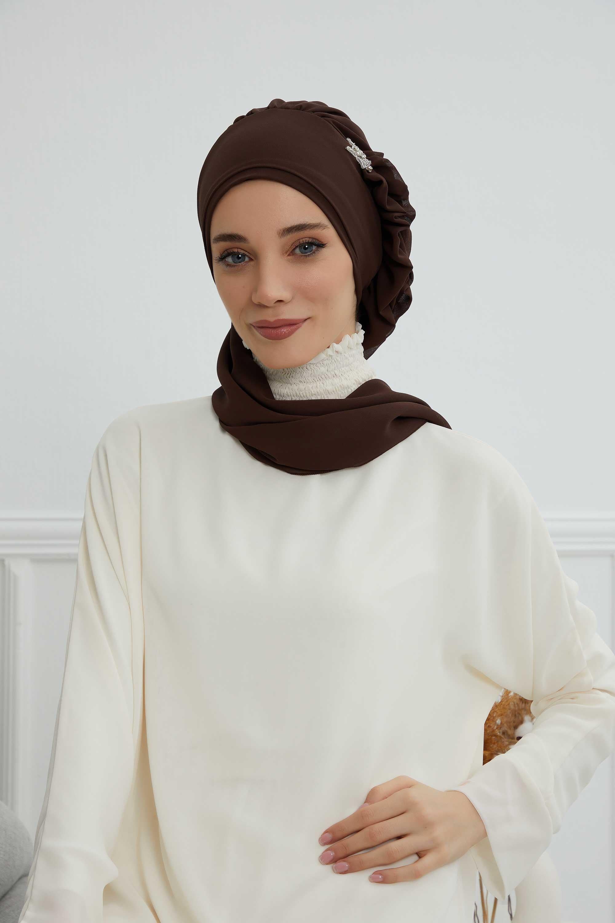 Elegant Chiffon Instant Turban with Sparkle Brooch, Pre-Tied Modest Headwrap for Women, Stylish Hijab Cap with Side Ruffle,HT-106 Brown