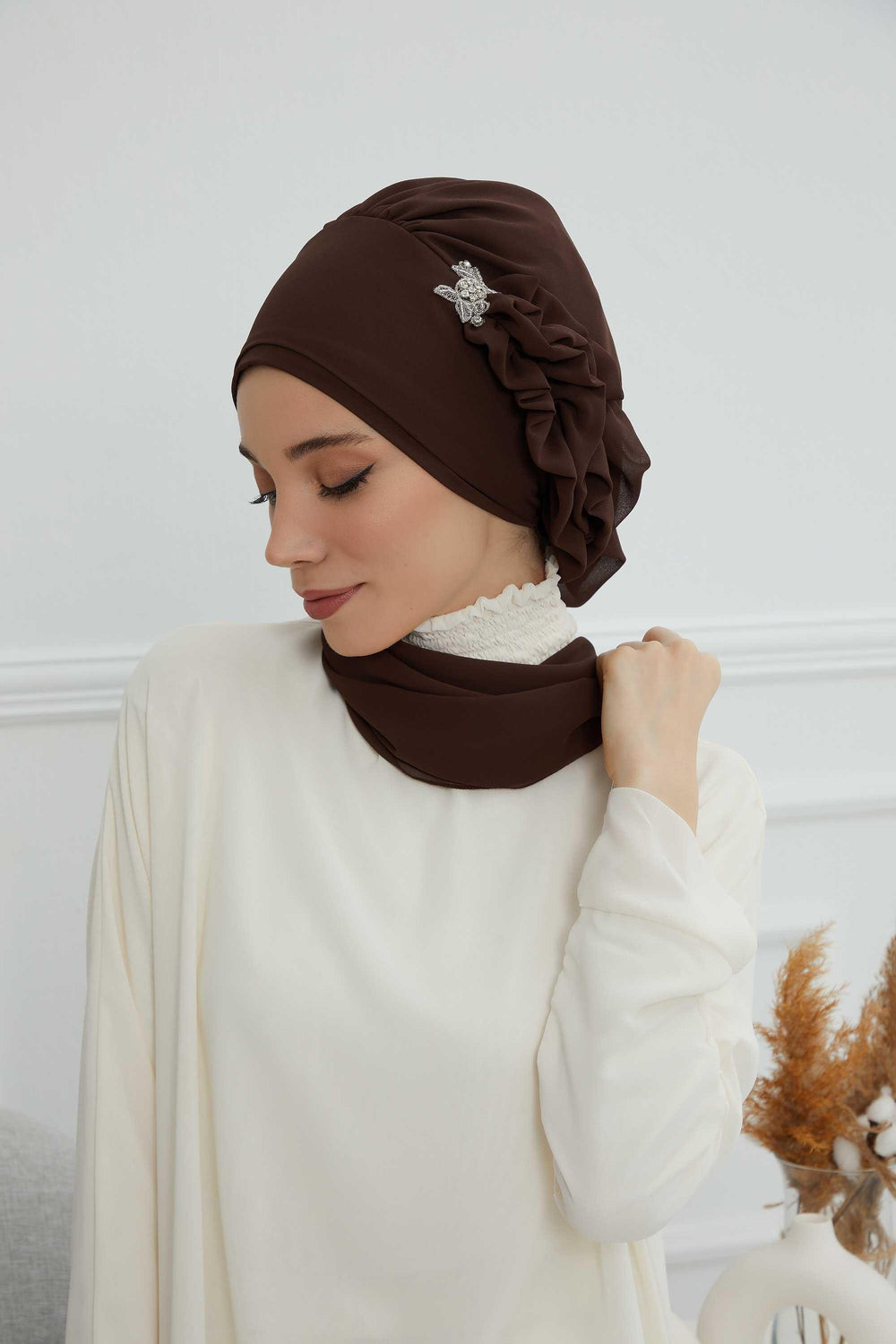 Elegant Chiffon Instant Turban with Sparkle Brooch, Pre-Tied Modest Headwrap for Women, Stylish Hijab Cap with Side Ruffle,HT-106 Brown