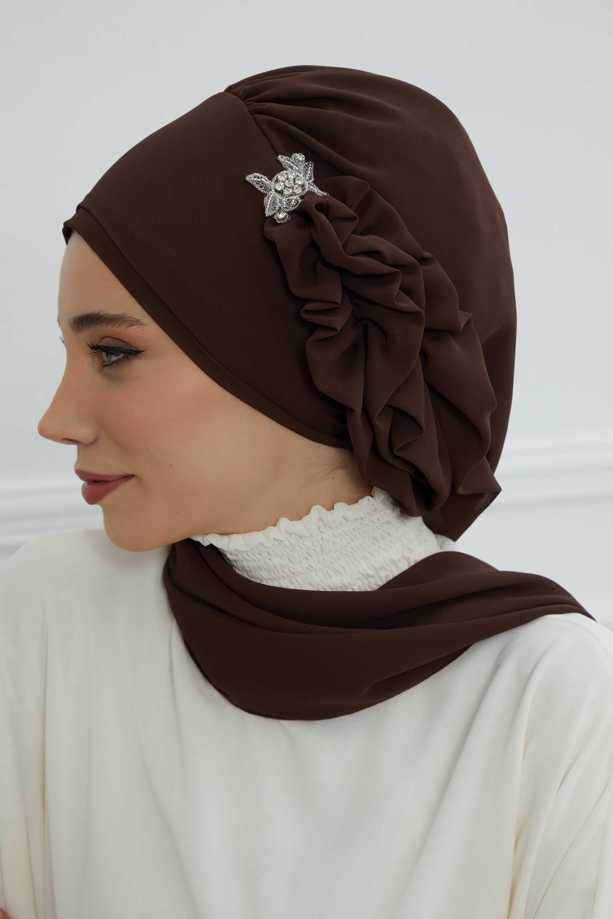 Elegant Chiffon Instant Turban with Sparkle Brooch, Pre-Tied Modest Headwrap for Women, Stylish Hijab Cap with Side Ruffle,HT-106 Brown