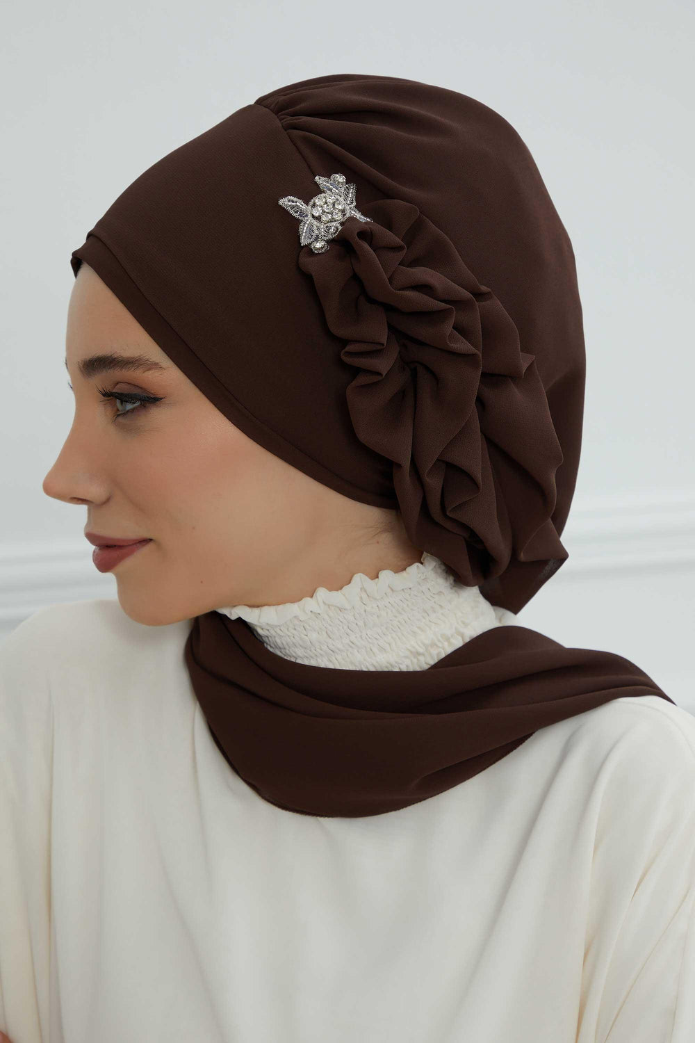 Elegant Chiffon Instant Turban with Sparkle Brooch, Pre-Tied Modest Headwrap for Women, Stylish Hijab Cap with Side Ruffle,HT-106 Brown