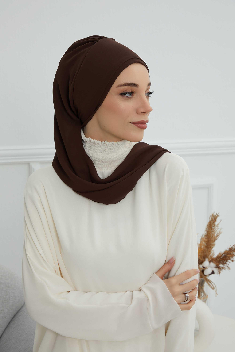 Elegant Chiffon Instant Turban with Sparkle Brooch, Pre-Tied Modest Headwrap for Women, Stylish Hijab Cap with Side Ruffle,HT-106 Brown