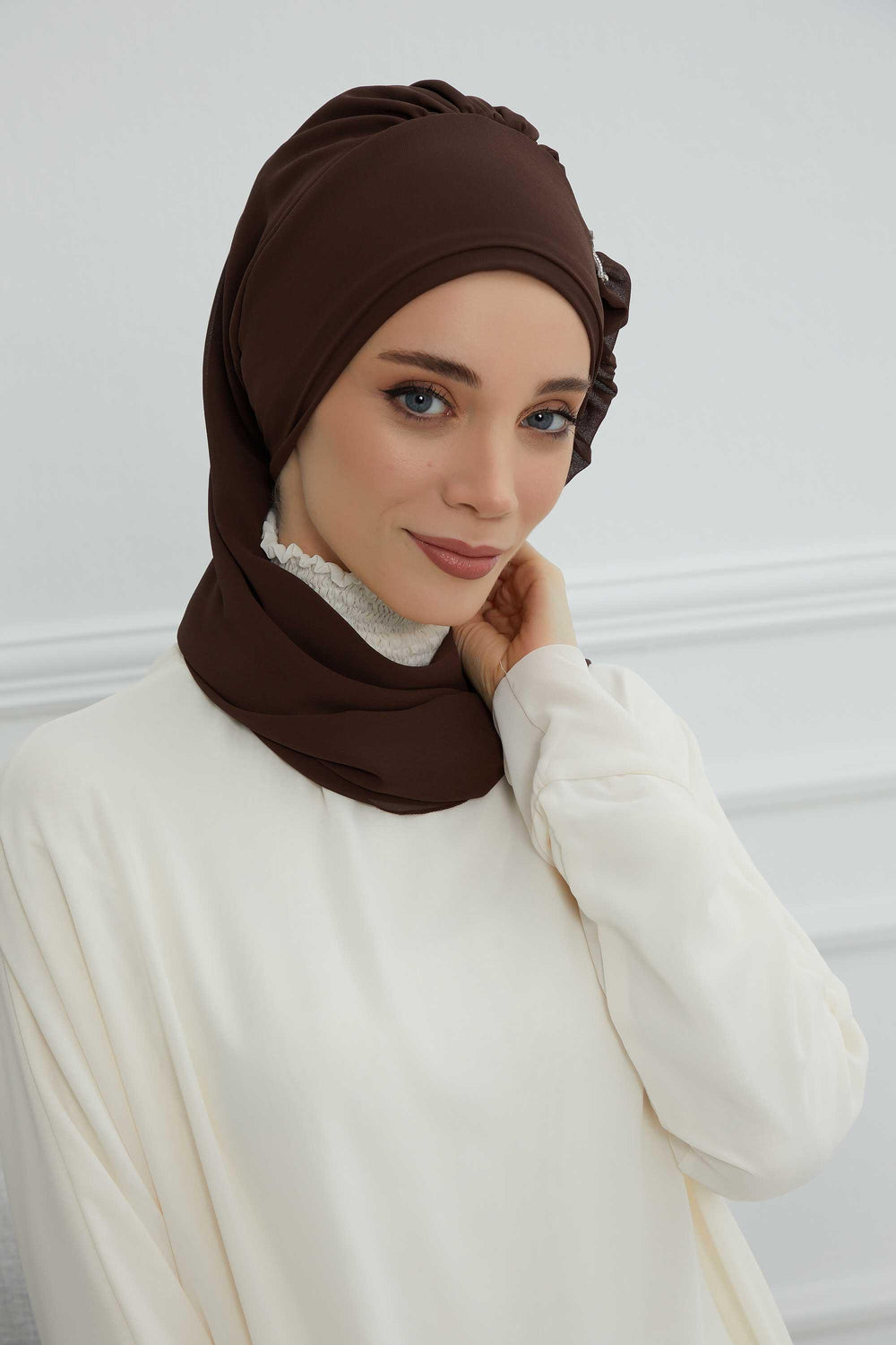 Elegant Chiffon Instant Turban with Sparkle Brooch, Pre-Tied Modest Headwrap for Women, Stylish Hijab Cap with Side Ruffle,HT-106 Brown