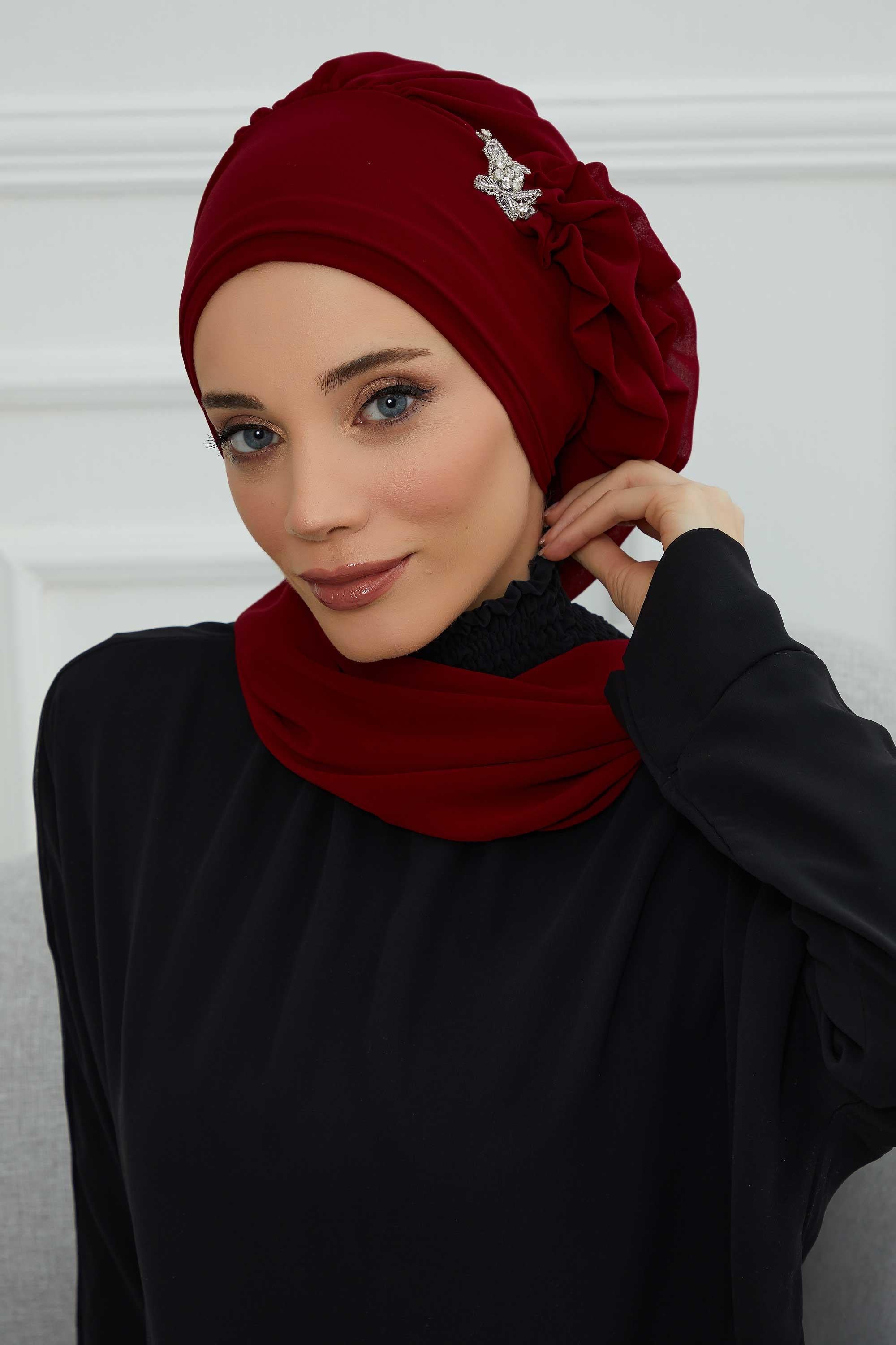Elegant Chiffon Instant Turban with Sparkle Brooch, Pre-Tied Modest Headwrap for Women, Stylish Hijab Cap with Side Ruffle,HT-106 Maroon