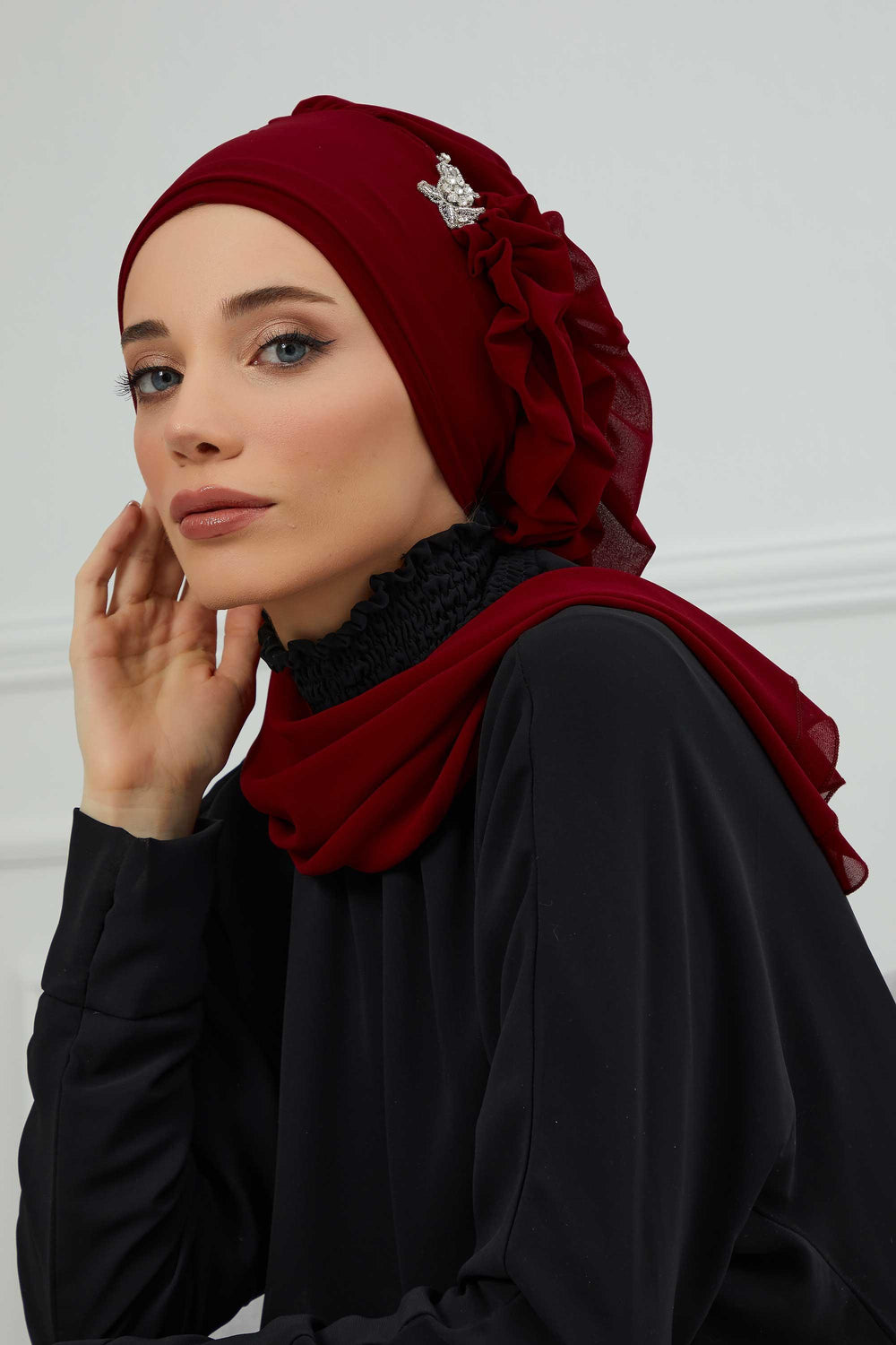 Elegant Chiffon Instant Turban with Sparkle Brooch, Pre-Tied Modest Headwrap for Women, Stylish Hijab Cap with Side Ruffle,HT-106 Maroon