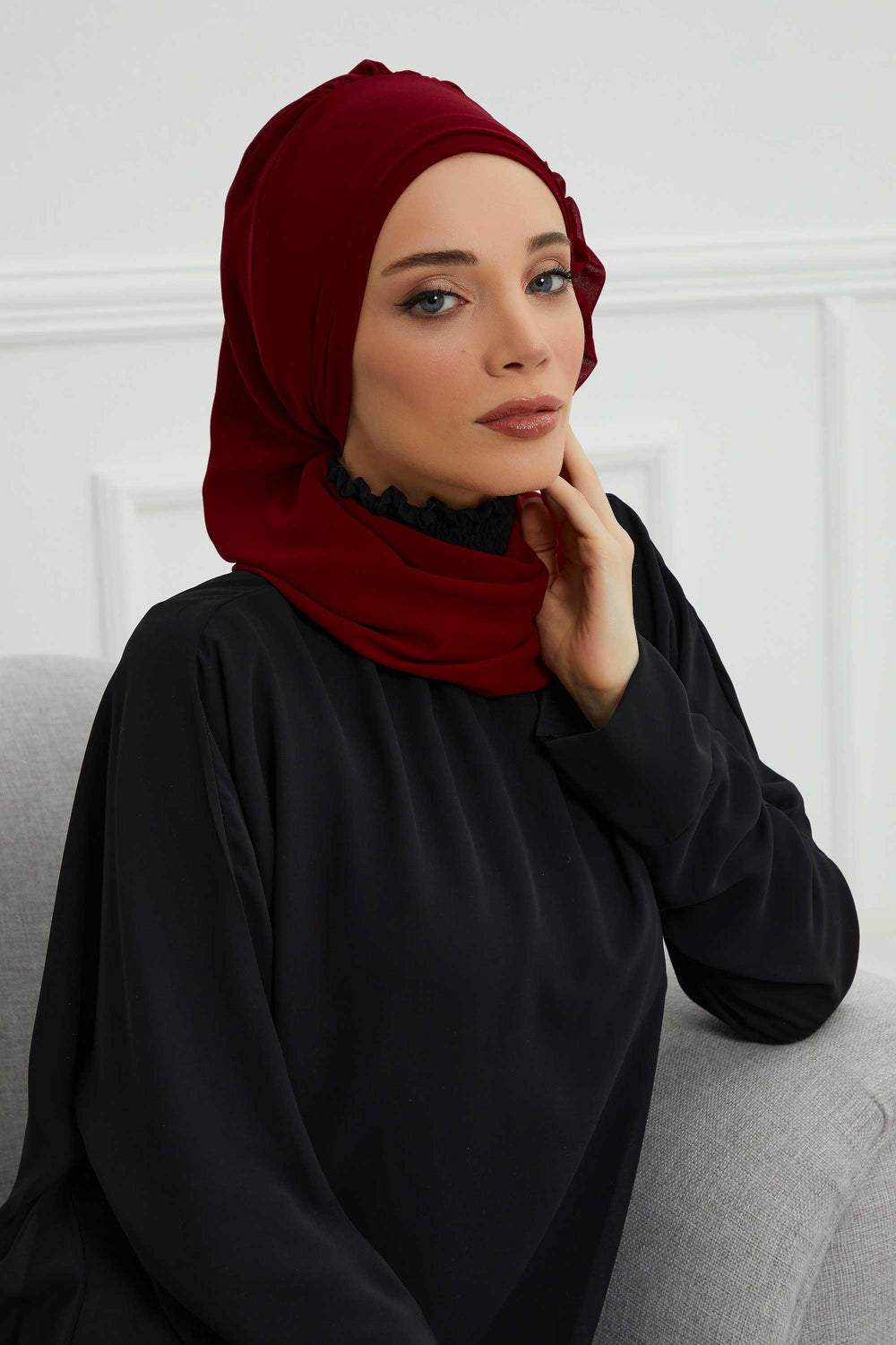 Elegant Chiffon Instant Turban with Sparkle Brooch, Pre-Tied Modest Headwrap for Women, Stylish Hijab Cap with Side Ruffle,HT-106 Maroon
