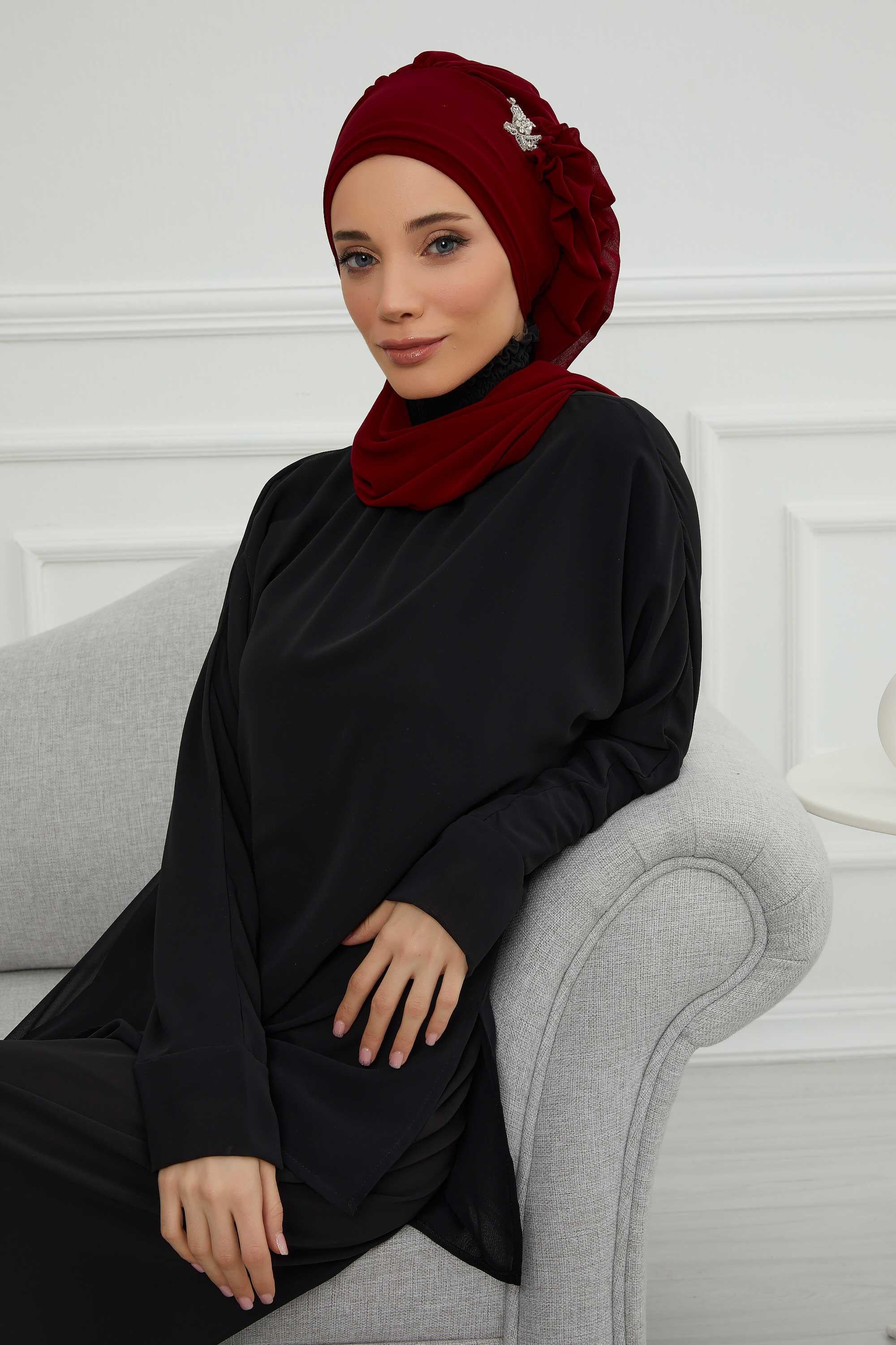 Elegant Chiffon Instant Turban with Sparkle Brooch, Pre-Tied Modest Headwrap for Women, Stylish Hijab Cap with Side Ruffle,HT-106 Maroon