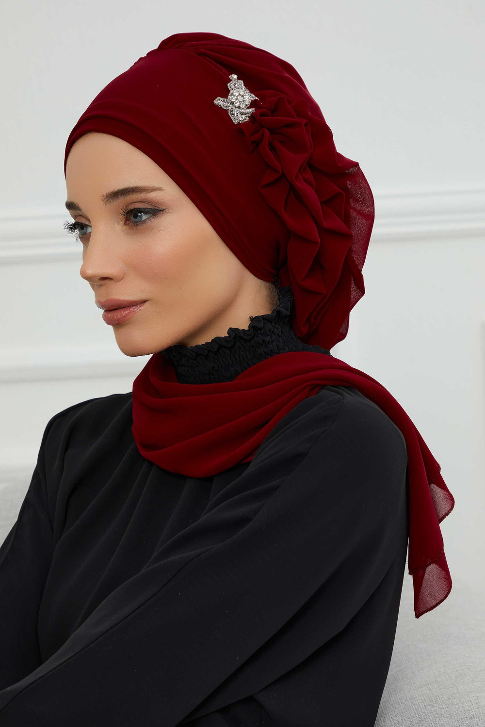 Elegant Chiffon Instant Turban with Sparkle Brooch, Pre-Tied Modest Headwrap for Women, Stylish Hijab Cap with Side Ruffle,HT-106 Maroon