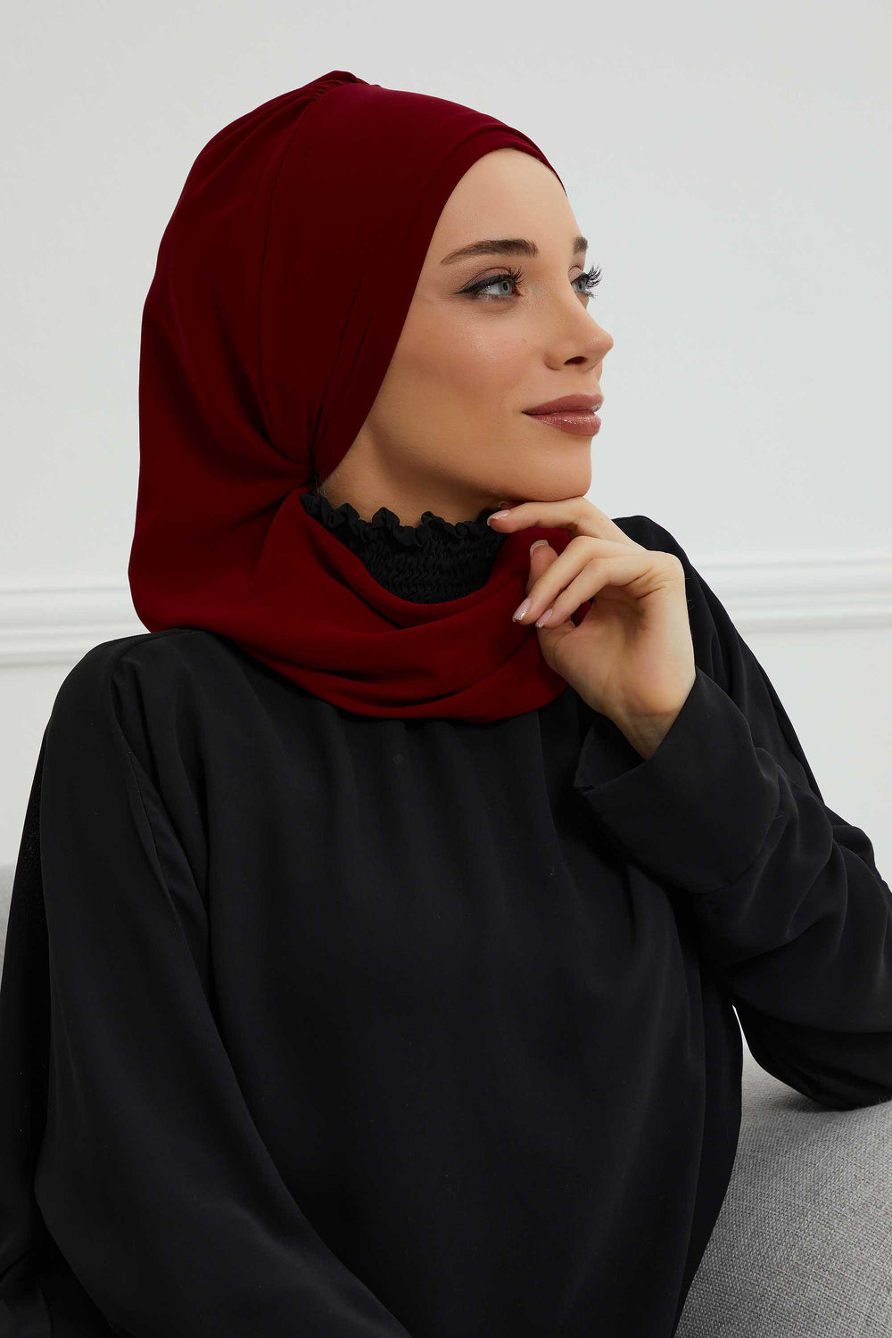 Elegant Chiffon Instant Turban with Sparkle Brooch, Pre-Tied Modest Headwrap for Women, Stylish Hijab Cap with Side Ruffle,HT-106 Maroon