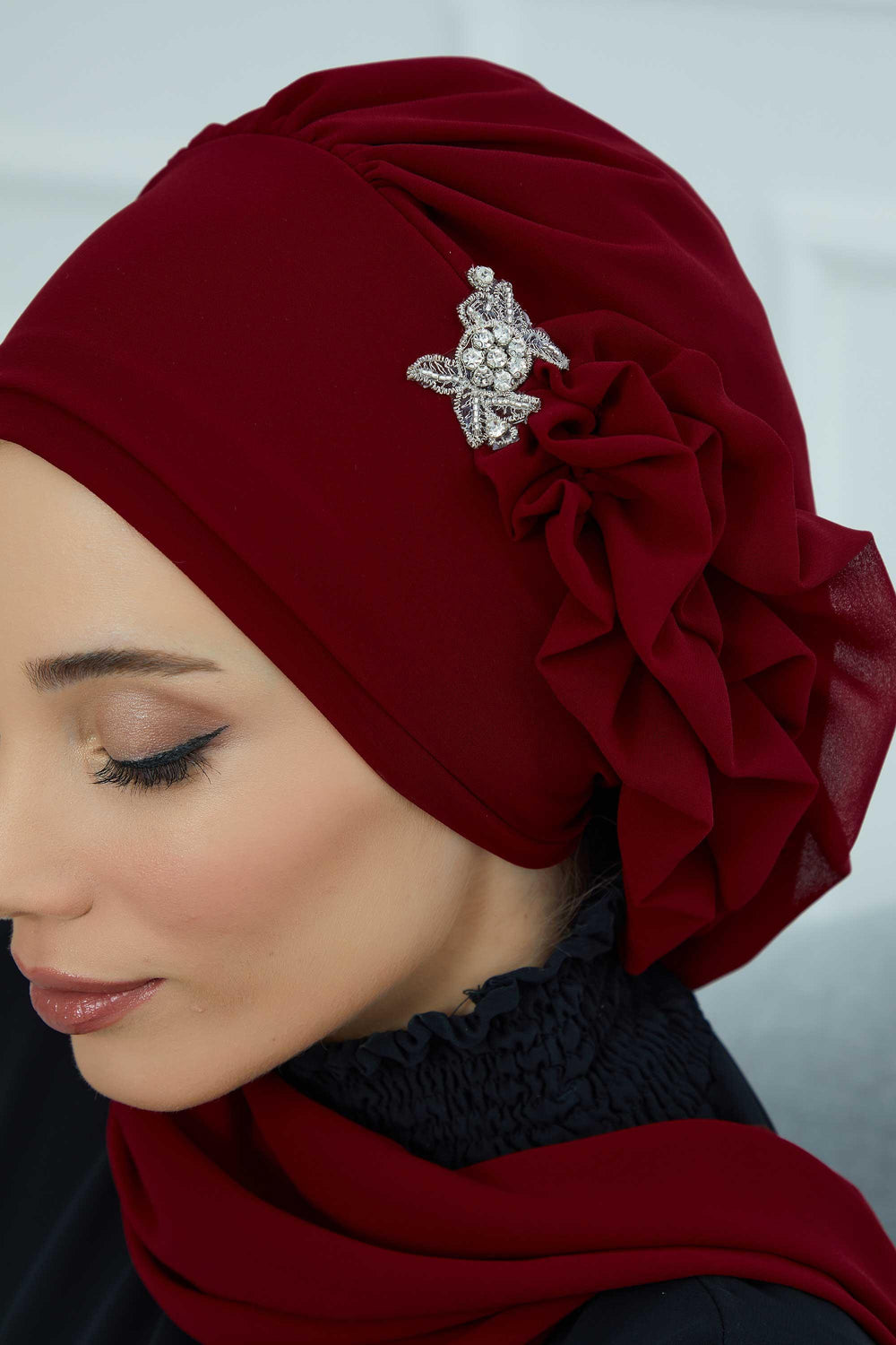 Elegant Chiffon Instant Turban with Sparkle Brooch, Pre-Tied Modest Headwrap for Women, Stylish Hijab Cap with Side Ruffle,HT-106 Maroon
