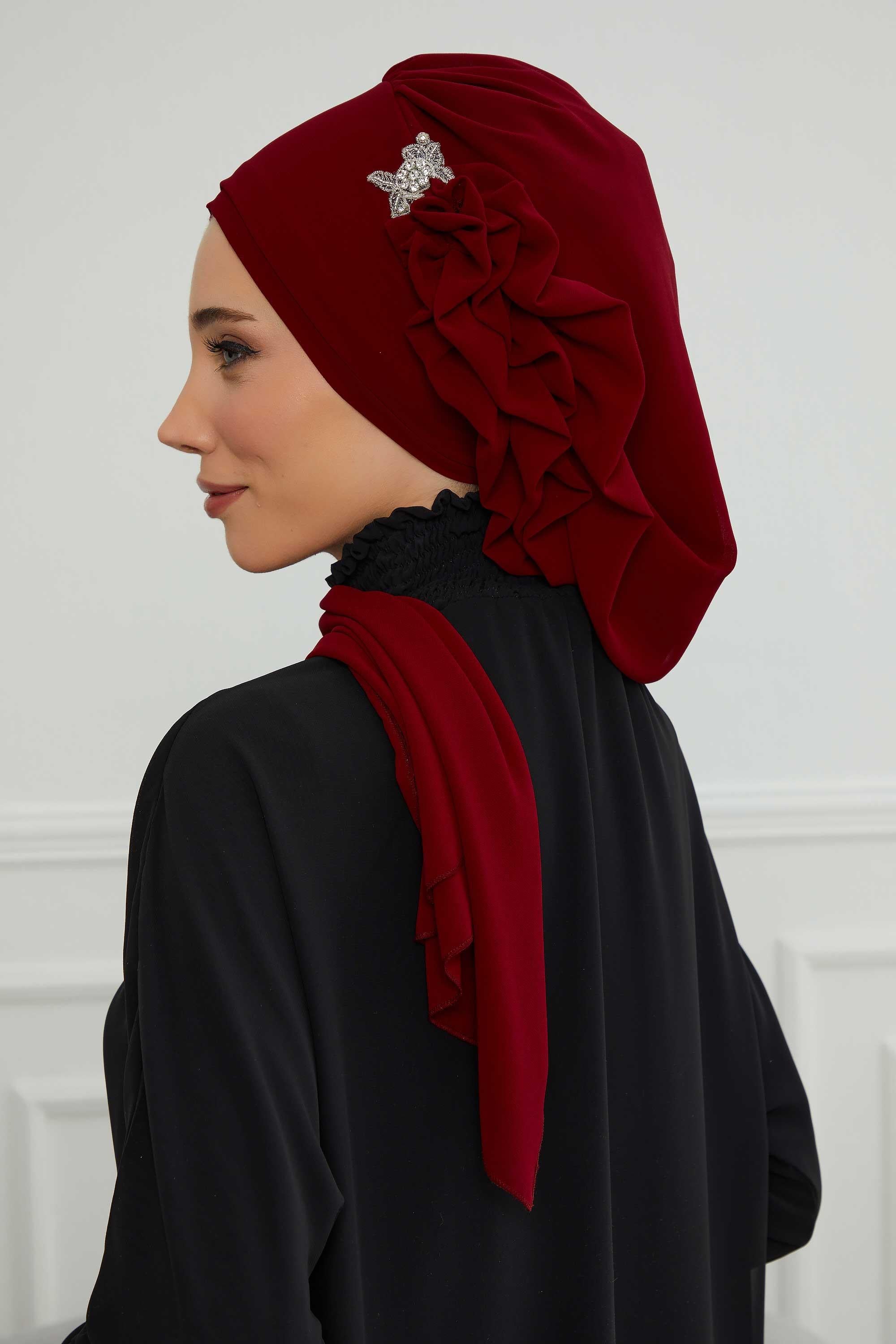 Elegant Chiffon Instant Turban with Sparkle Brooch, Pre-Tied Modest Headwrap for Women, Stylish Hijab Cap with Side Ruffle,HT-106 Maroon