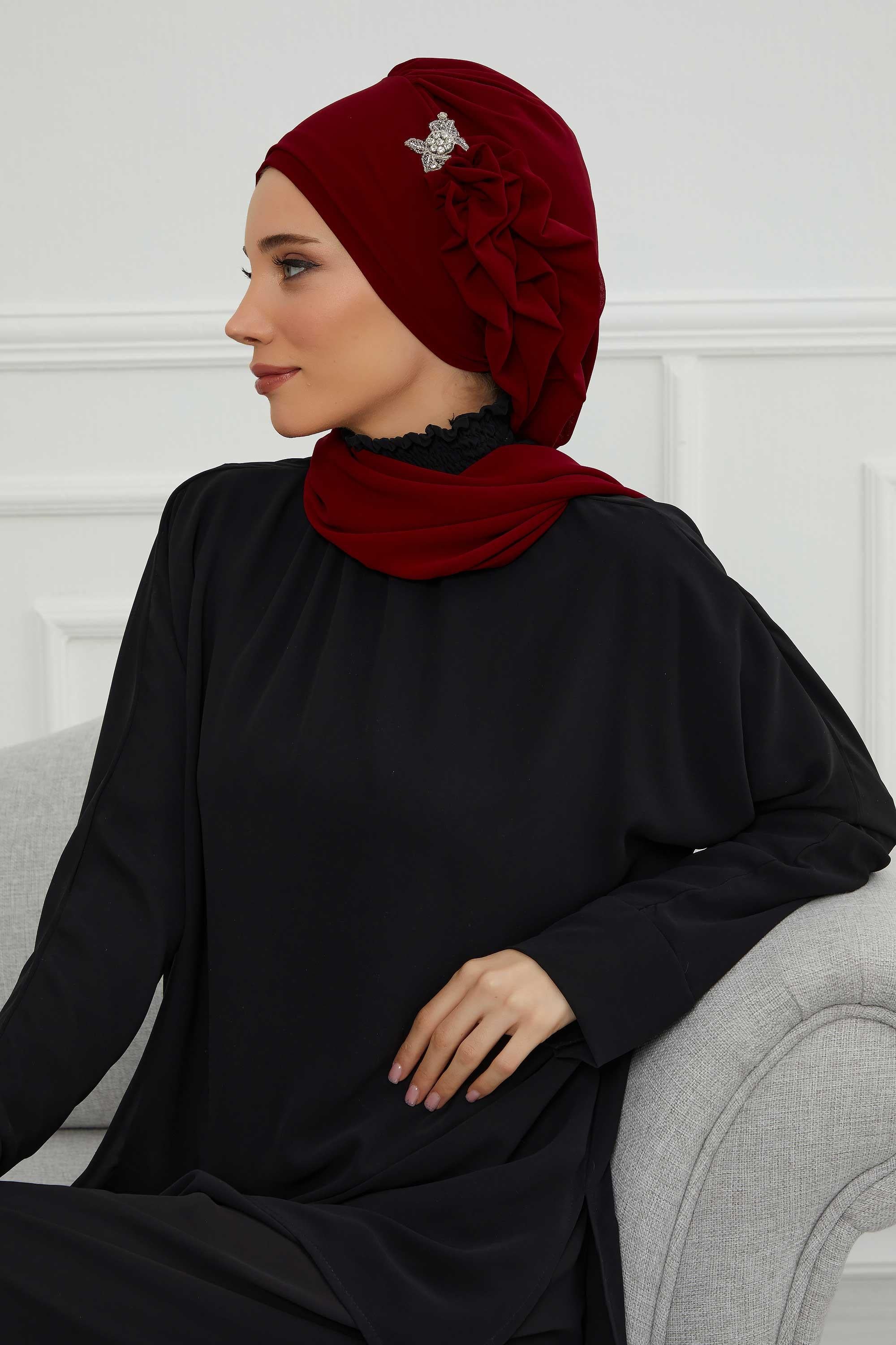 Elegant Chiffon Instant Turban with Sparkle Brooch, Pre-Tied Modest Headwrap for Women, Stylish Hijab Cap with Side Ruffle,HT-106 Maroon