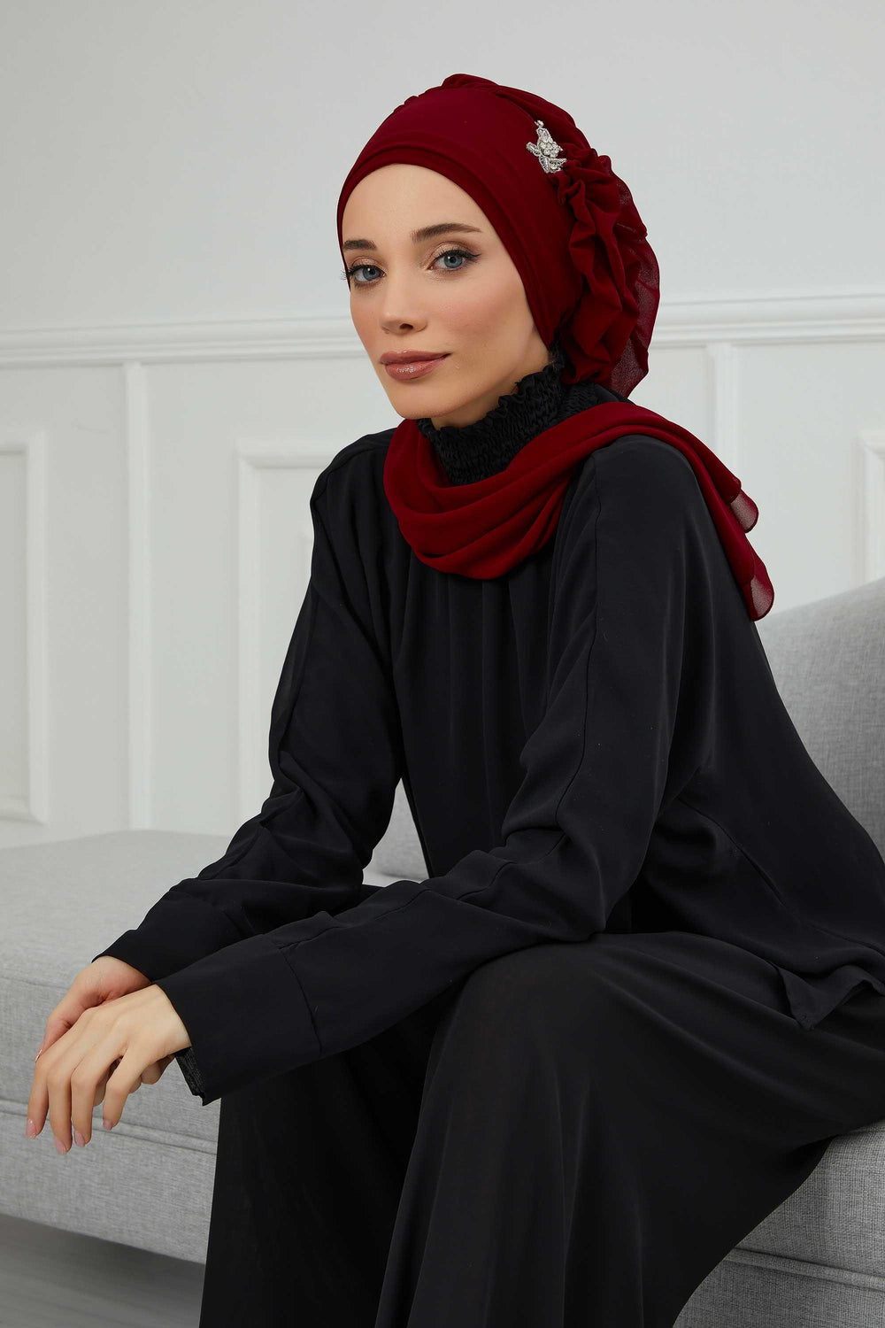 Elegant Chiffon Instant Turban with Sparkle Brooch, Pre-Tied Modest Headwrap for Women, Stylish Hijab Cap with Side Ruffle,HT-106 Maroon