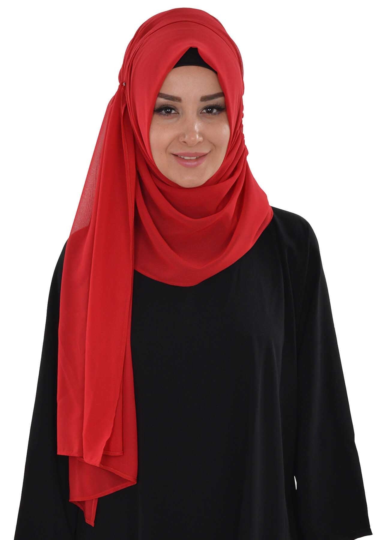 Side Shirred Shawl for Women Chiffon Modesty Turban Cap Head Wrap Instant Scarf Ready to Wear Hijab,PS-8 Red