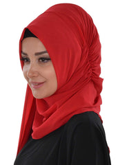 Side Shirred Shawl for Women Chiffon Modesty Turban Cap Head Wrap Instant Scarf Ready to Wear Hijab,PS-8 Red
