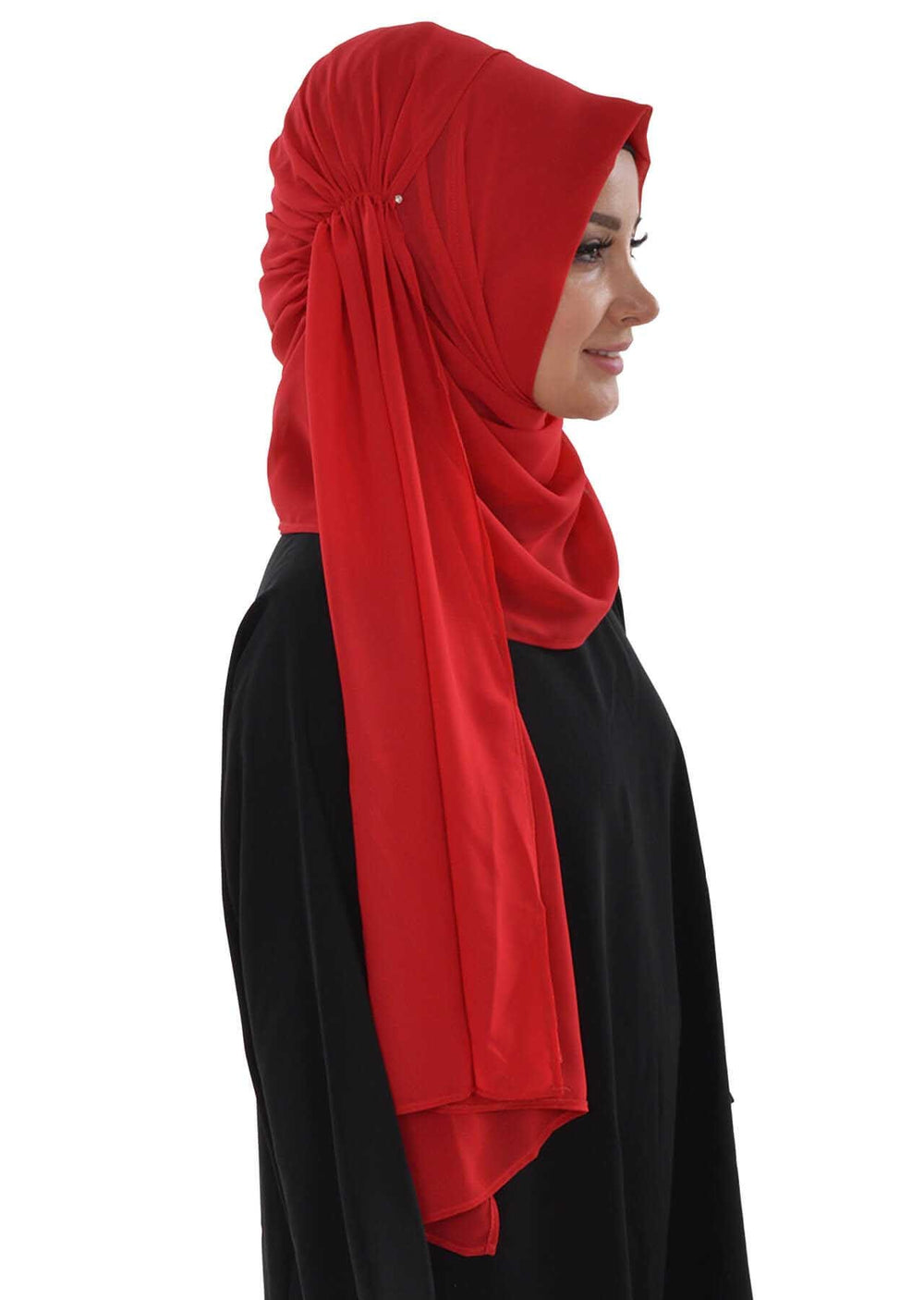 Side Shirred Shawl for Women Chiffon Modesty Turban Cap Head Wrap Instant Scarf Ready to Wear Hijab,PS-8 Red
