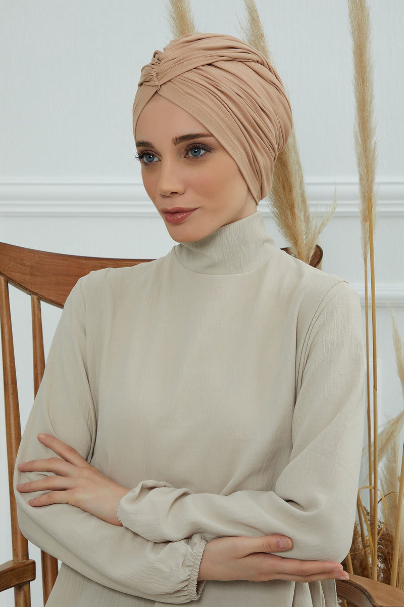 Gesmoktes, gerafftes Instant-Turban für Damen, leichtes Kopftuch aus Baumwolle mit schönem Design, stilvoller Chemo-Kopfbedeckungs-Turban für Damen,B-1
