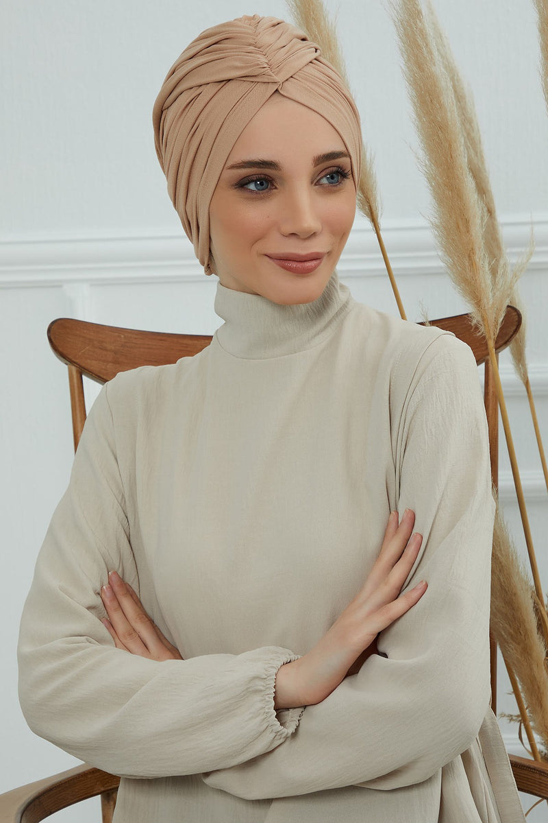 Gesmoktes, gerafftes Instant-Turban für Damen, leichtes Kopftuch aus Baumwolle mit schönem Design, stilvoller Chemo-Kopfbedeckungs-Turban für Damen,B-1