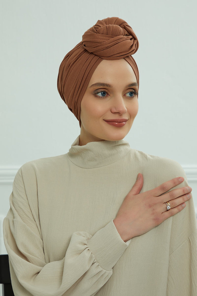 Gesmoktes, gerafftes Instant-Turban für Damen, leichtes Kopftuch aus Baumwolle mit schönem Design, stilvoller Chemo-Kopfbedeckungs-Turban für Damen,B-1