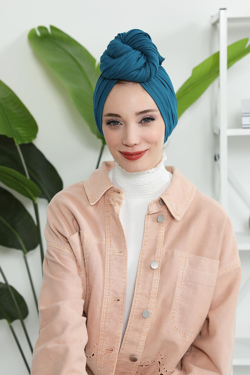Gesmoktes, gerafftes Instant-Turban für Damen, leichtes Kopftuch aus Baumwolle mit schönem Design, stilvoller Chemo-Kopfbedeckungs-Turban für Damen,B-1