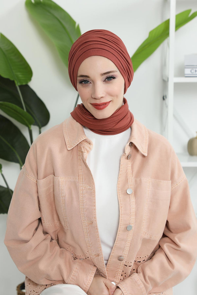 Gesmoktes, gerafftes Instant-Turban für Damen, leichtes Kopftuch aus Baumwolle mit schönem Design, stilvoller Chemo-Kopfbedeckungs-Turban für Damen,B-1