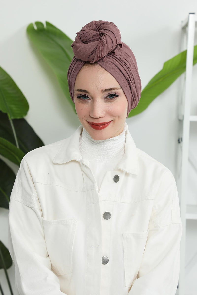 Gesmoktes, gerafftes Instant-Turban für Damen, leichtes Kopftuch aus Baumwolle mit schönem Design, stilvoller Chemo-Kopfbedeckungs-Turban für Damen,B-1