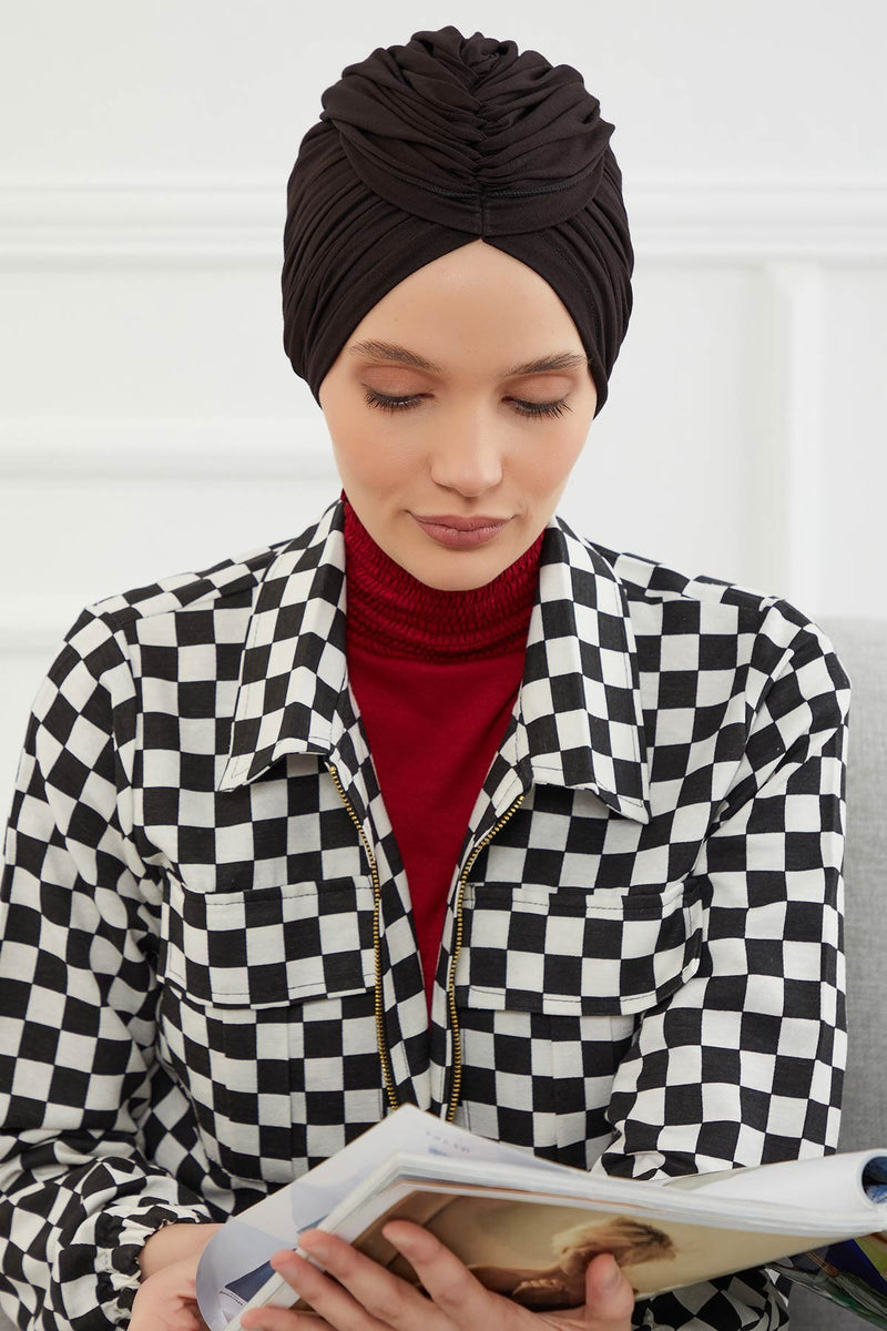 Gesmoktes, gerafftes Instant-Turban für Damen, leichtes Kopftuch aus Baumwolle mit schönem Design, stilvoller Chemo-Kopfbedeckungs-Turban für Damen,B-1