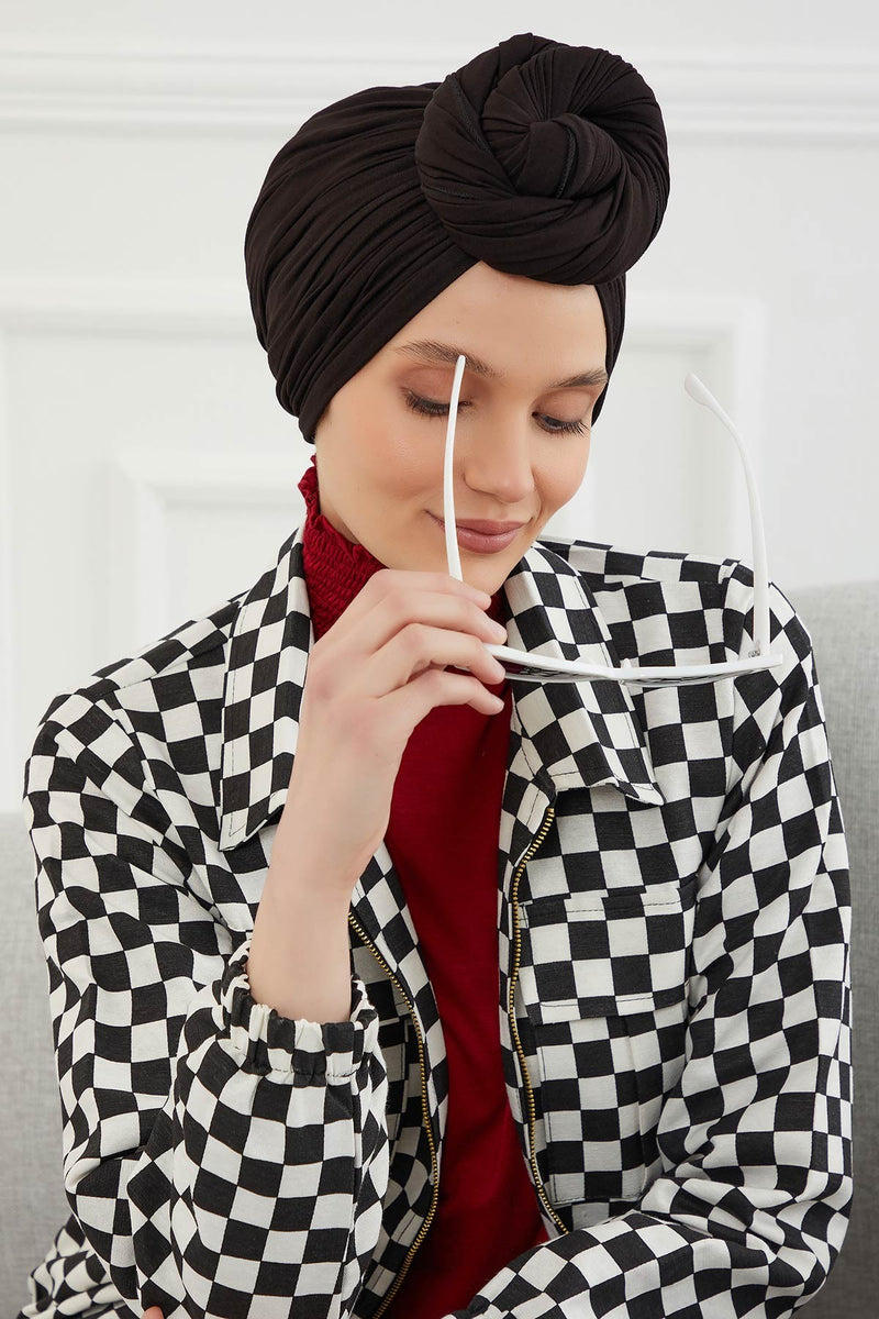 Gesmoktes, gerafftes Instant-Turban für Damen, leichtes Kopftuch aus Baumwolle mit schönem Design, stilvoller Chemo-Kopfbedeckungs-Turban für Damen,B-1