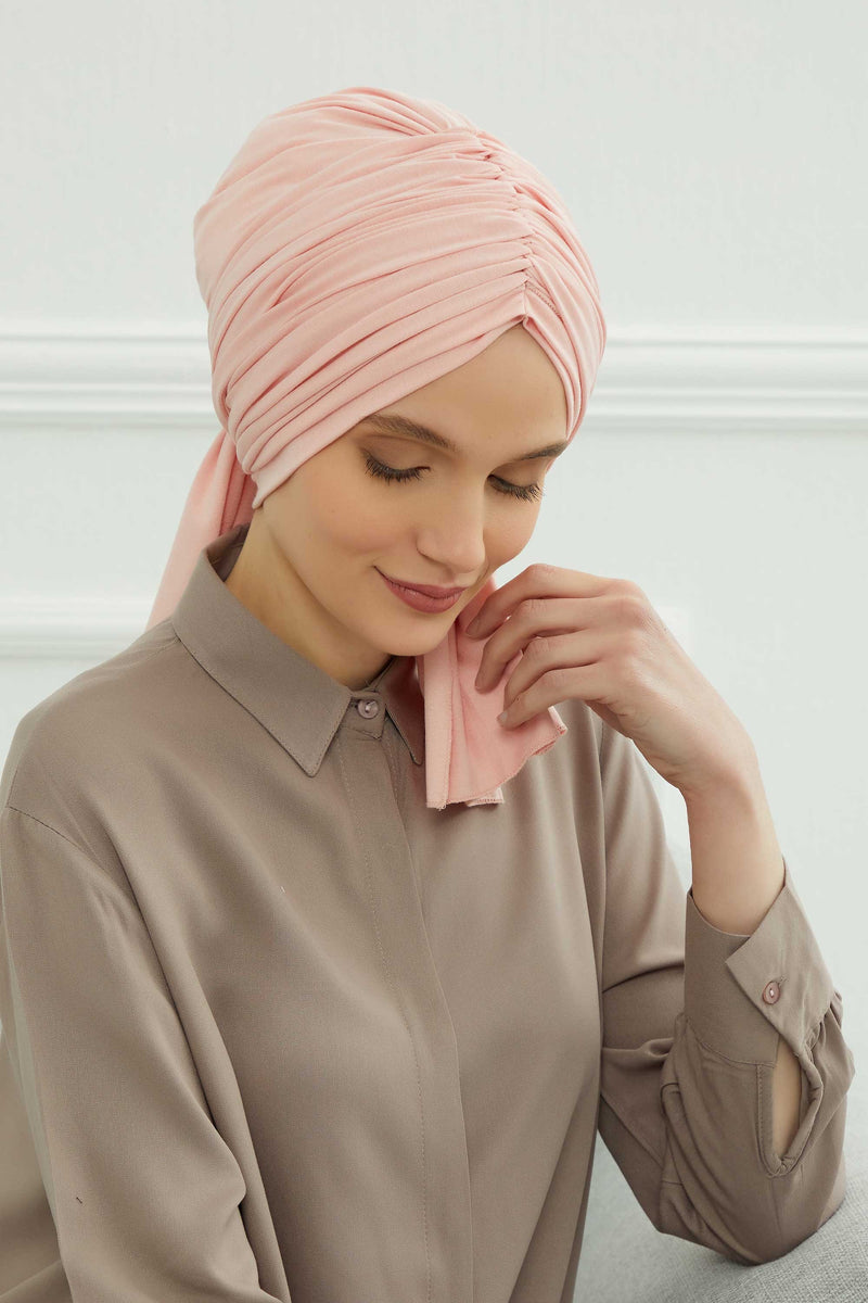 Gesmoktes, gerafftes Instant-Turban für Damen, leichtes Kopftuch aus Baumwolle mit schönem Design, stilvoller Chemo-Kopfbedeckungs-Turban für Damen,B-1