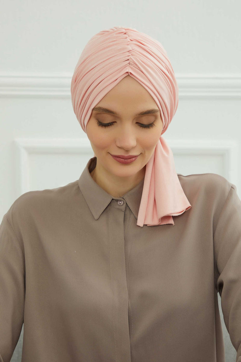 Gesmoktes, gerafftes Instant-Turban für Damen, leichtes Kopftuch aus Baumwolle mit schönem Design, stilvoller Chemo-Kopfbedeckungs-Turban für Damen,B-1