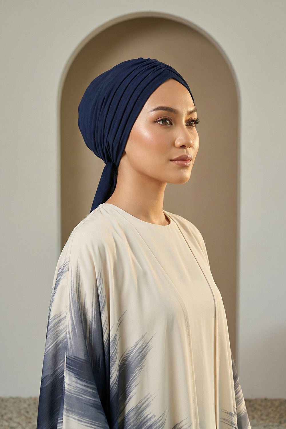 Smocked Shirred Instant Turban for Women, Cotton Lightweight Head Wrap with a Beautiful Design, Stylish Chemo Headwear Turban for Women,B-1 Navy Blue