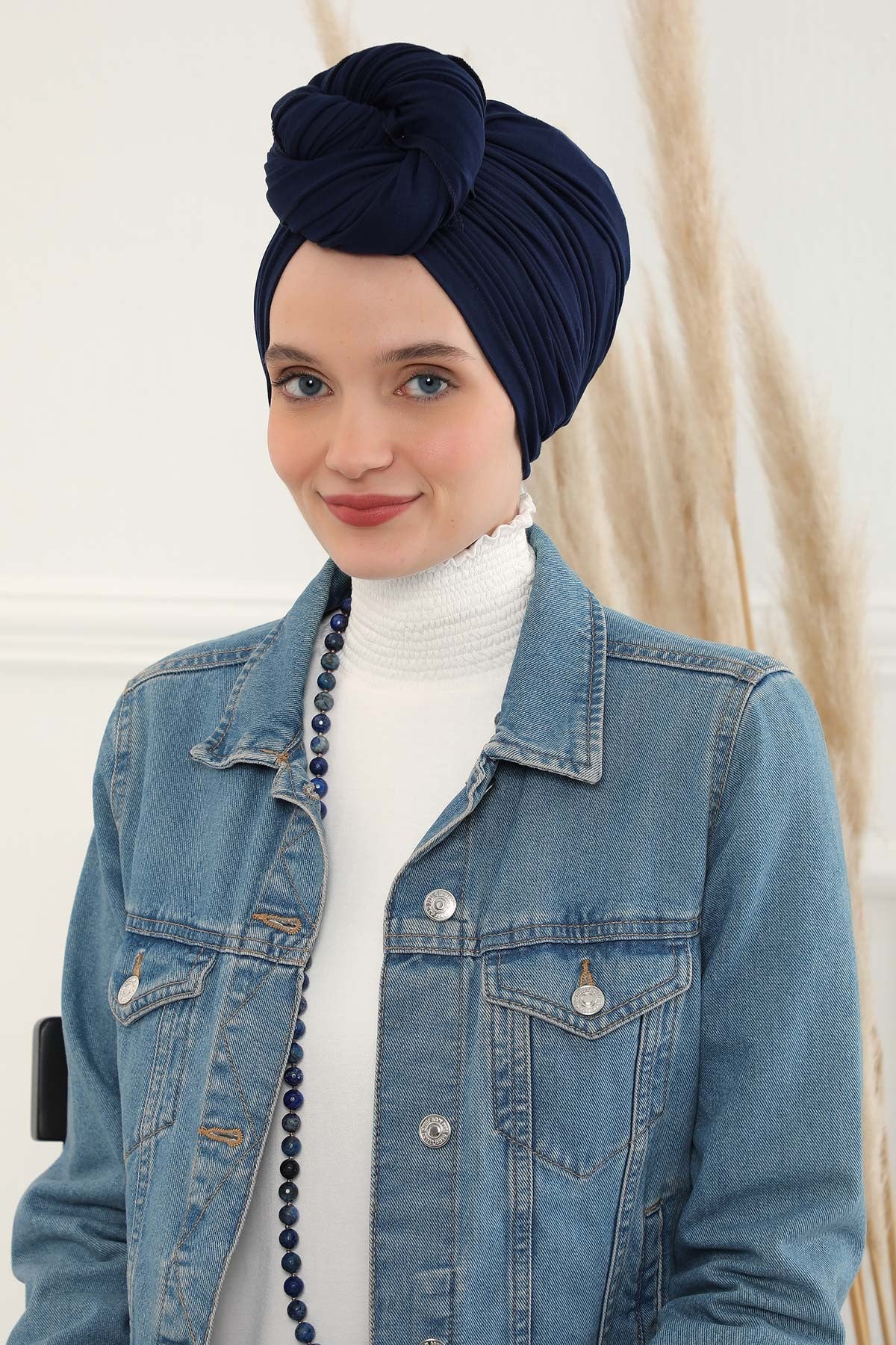 Smocked Shirred Instant Turban for Women, Cotton Lightweight Head Wrap with a Beautiful Design, Stylish Chemo Headwear Turban for Women,B-1 Navy Blue