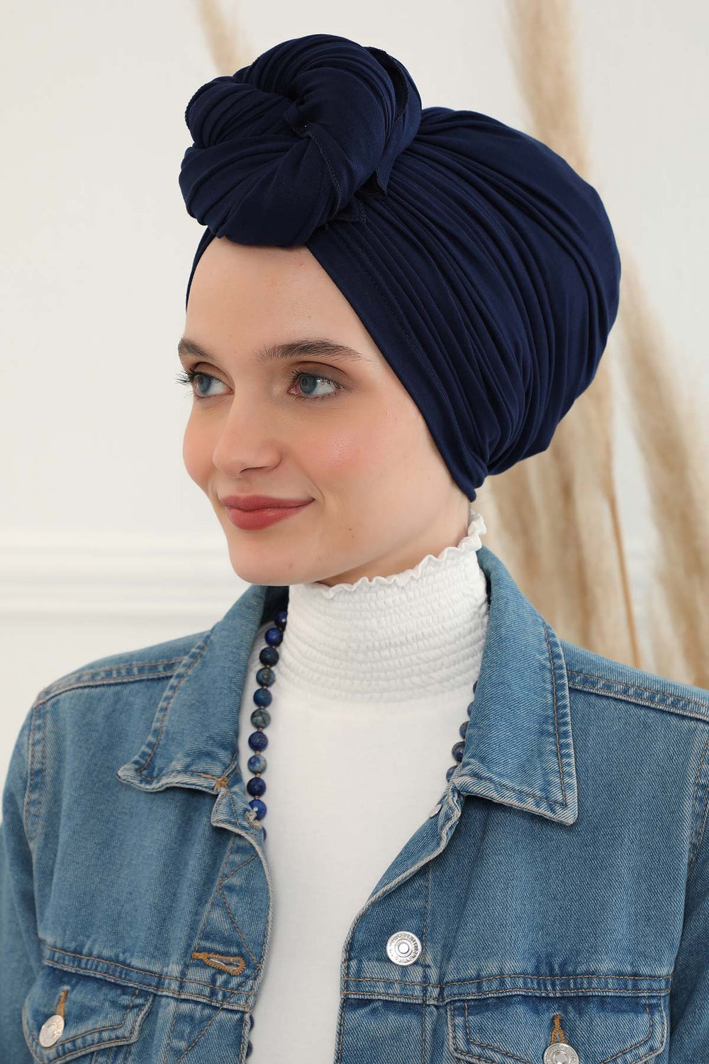 Smocked Shirred Instant Turban for Women, Cotton Lightweight Head Wrap with a Beautiful Design, Stylish Chemo Headwear Turban for Women,B-1 Navy Blue