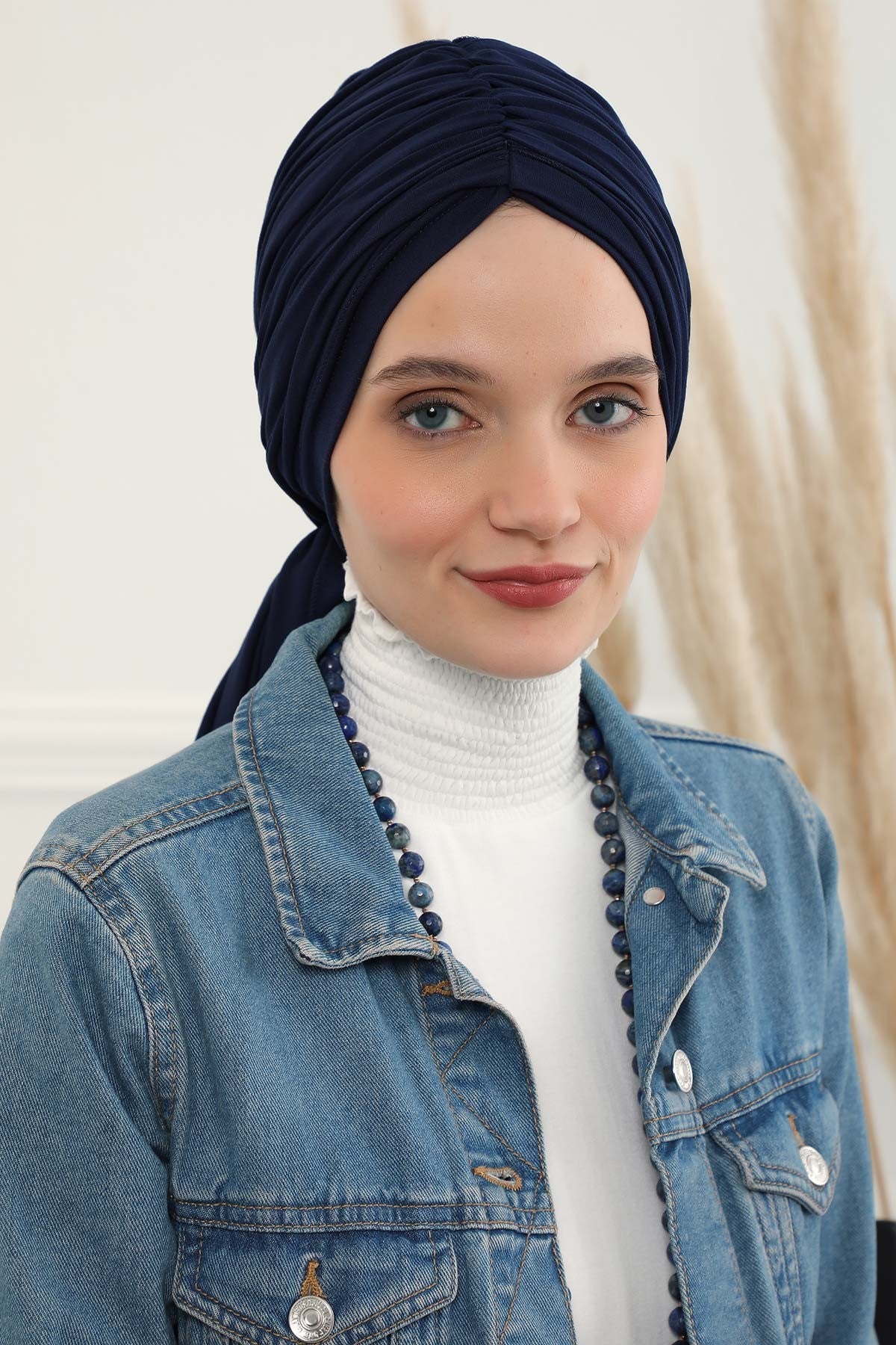 Smocked Shirred Instant Turban for Women, Cotton Lightweight Head Wrap with a Beautiful Design, Stylish Chemo Headwear Turban for Women,B-1 Navy Blue