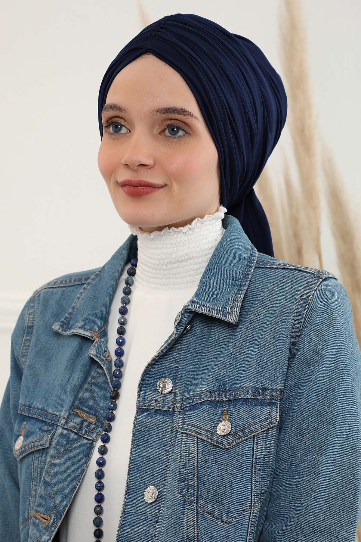Smocked Shirred Instant Turban for Women, Cotton Lightweight Head Wrap with a Beautiful Design, Stylish Chemo Headwear Turban for Women,B-1 Navy Blue