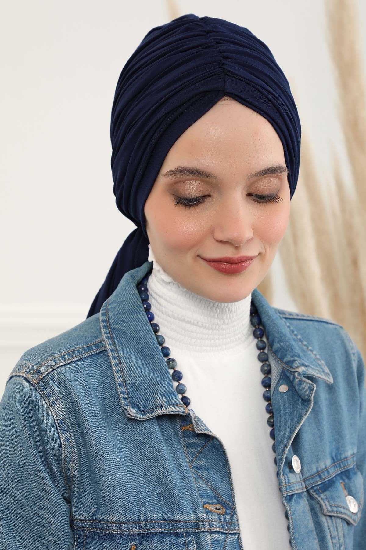 Smocked Shirred Instant Turban for Women, Cotton Lightweight Head Wrap with a Beautiful Design, Stylish Chemo Headwear Turban for Women,B-1 Navy Blue