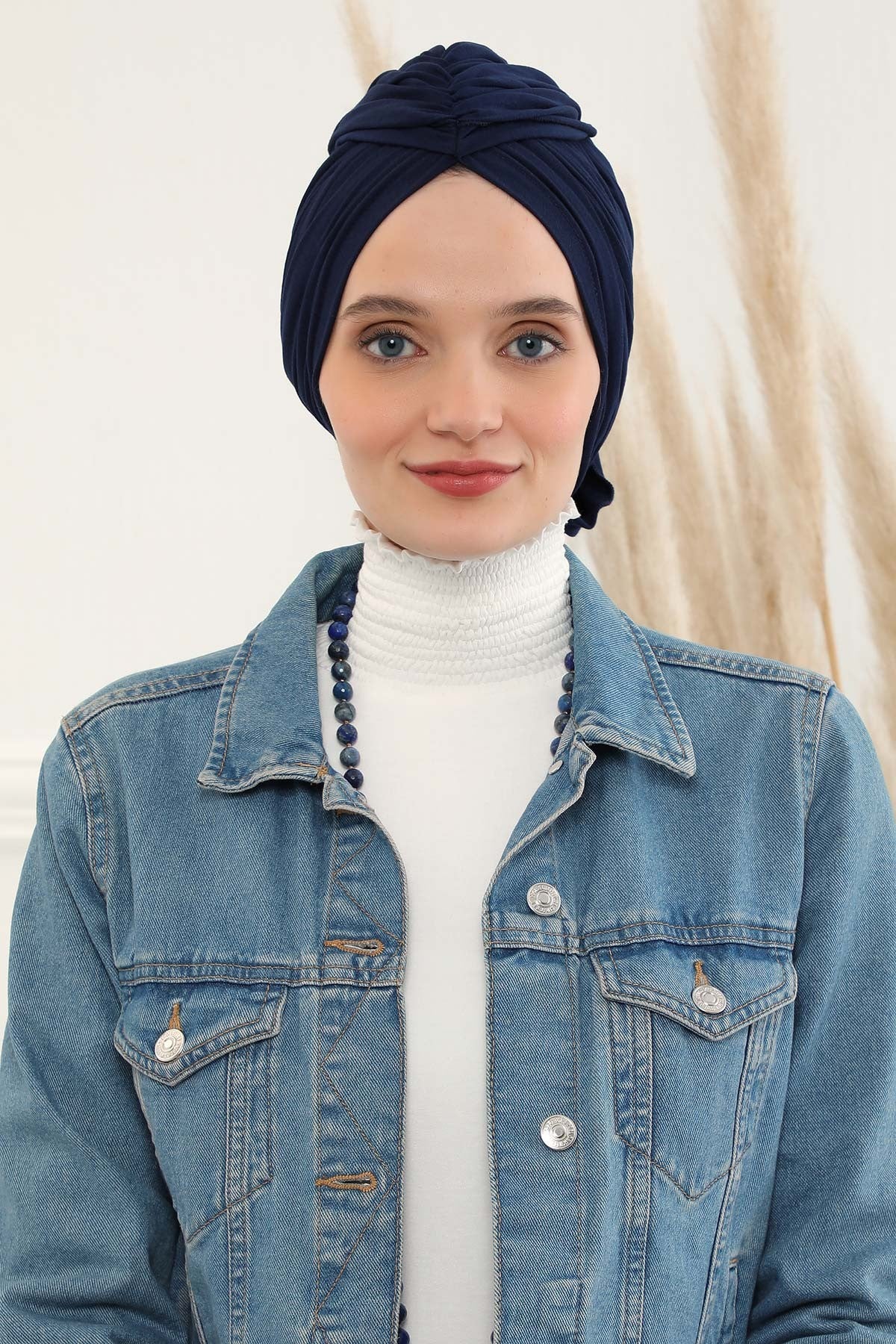 Smocked Shirred Instant Turban for Women, Cotton Lightweight Head Wrap with a Beautiful Design, Stylish Chemo Headwear Turban for Women,B-1 Navy Blue