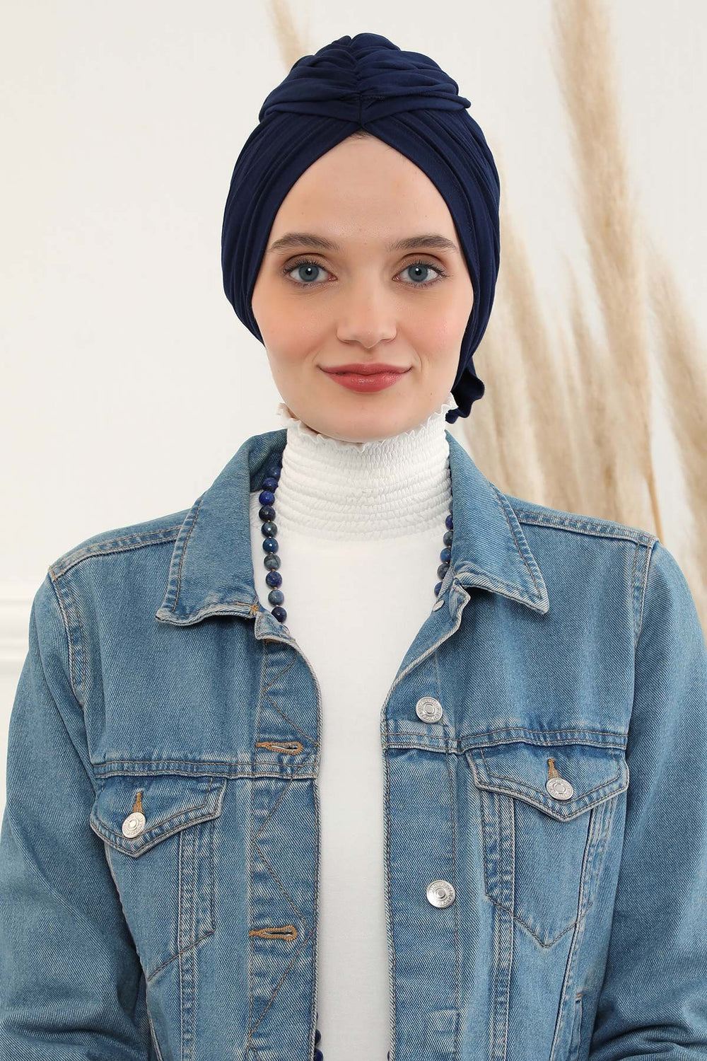 Smocked Shirred Instant Turban for Women, Cotton Lightweight Head Wrap with a Beautiful Design, Stylish Chemo Headwear Turban for Women,B-1 Navy Blue