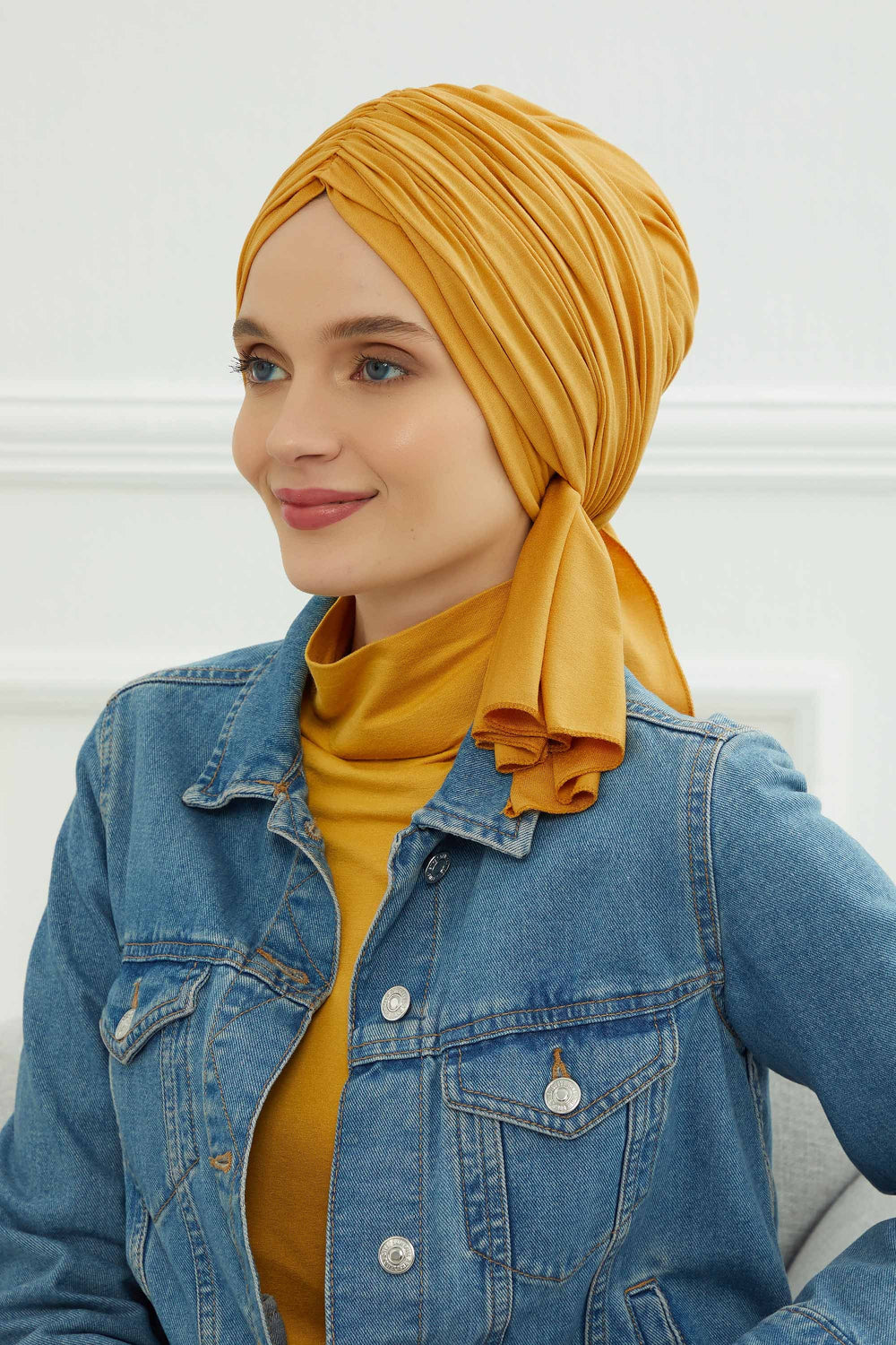 Smocked Shirred Instant Turban for Women, Cotton Lightweight Head Wrap with a Beautiful Design, Stylish Chemo Headwear Turban for Women,B-1 Mustard Yellow